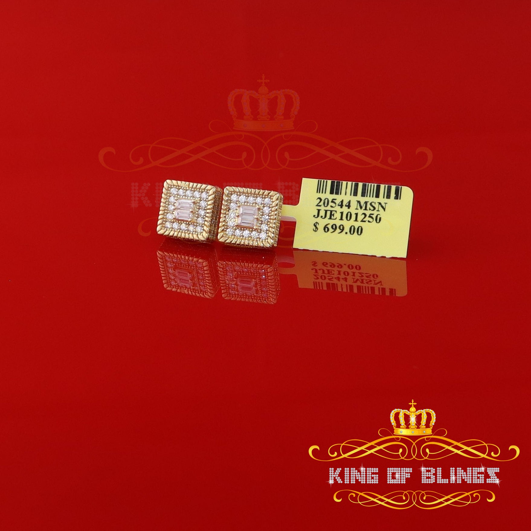 King  of Bling's 925 Yellow Silver 1.00ct VVS-D Moissanite Women's/Men's Square Stud Earrings KING OF BLINGS