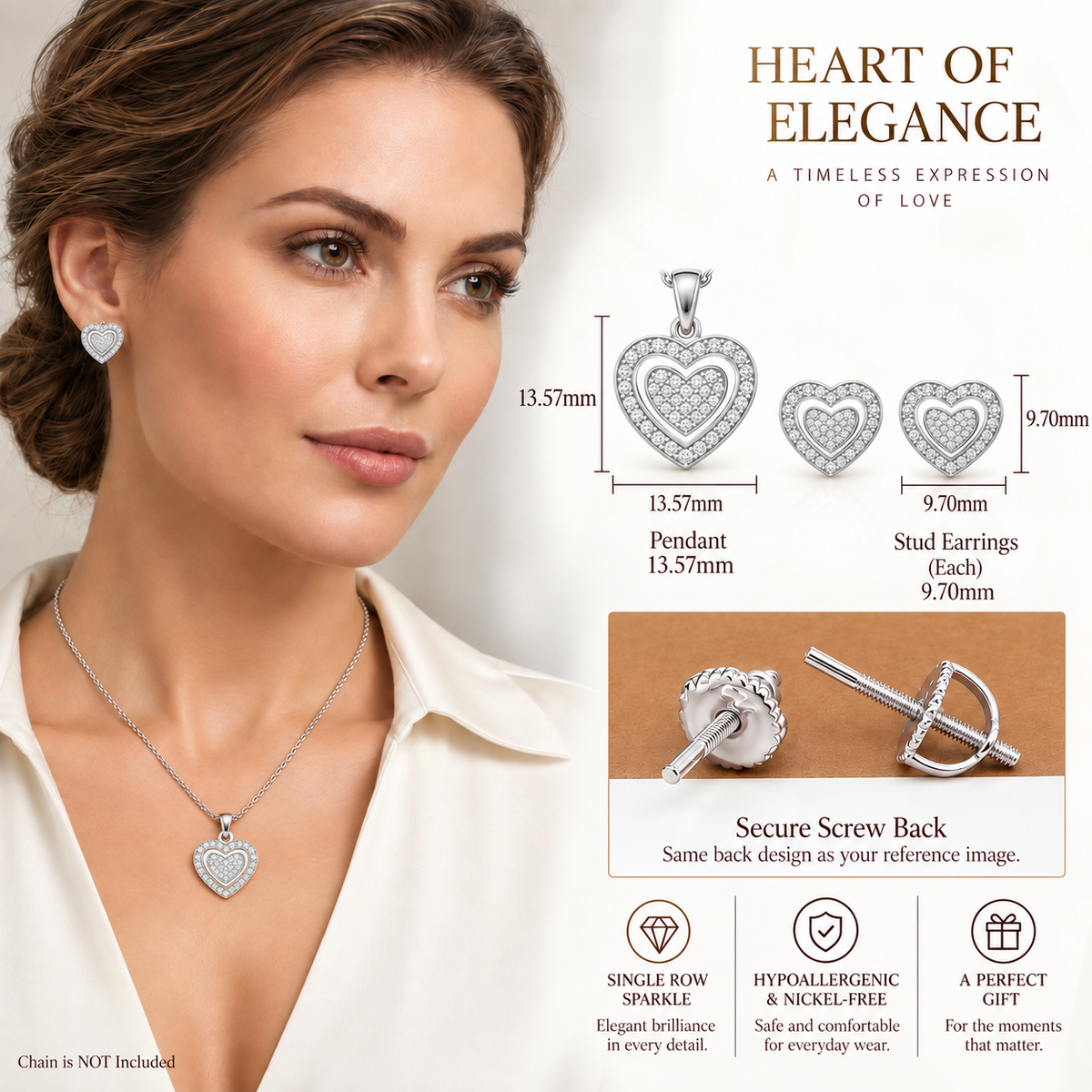 925White Silver 0.35CT Diamond Double Concentric Heart Pendant & Earrings Set King of Blings