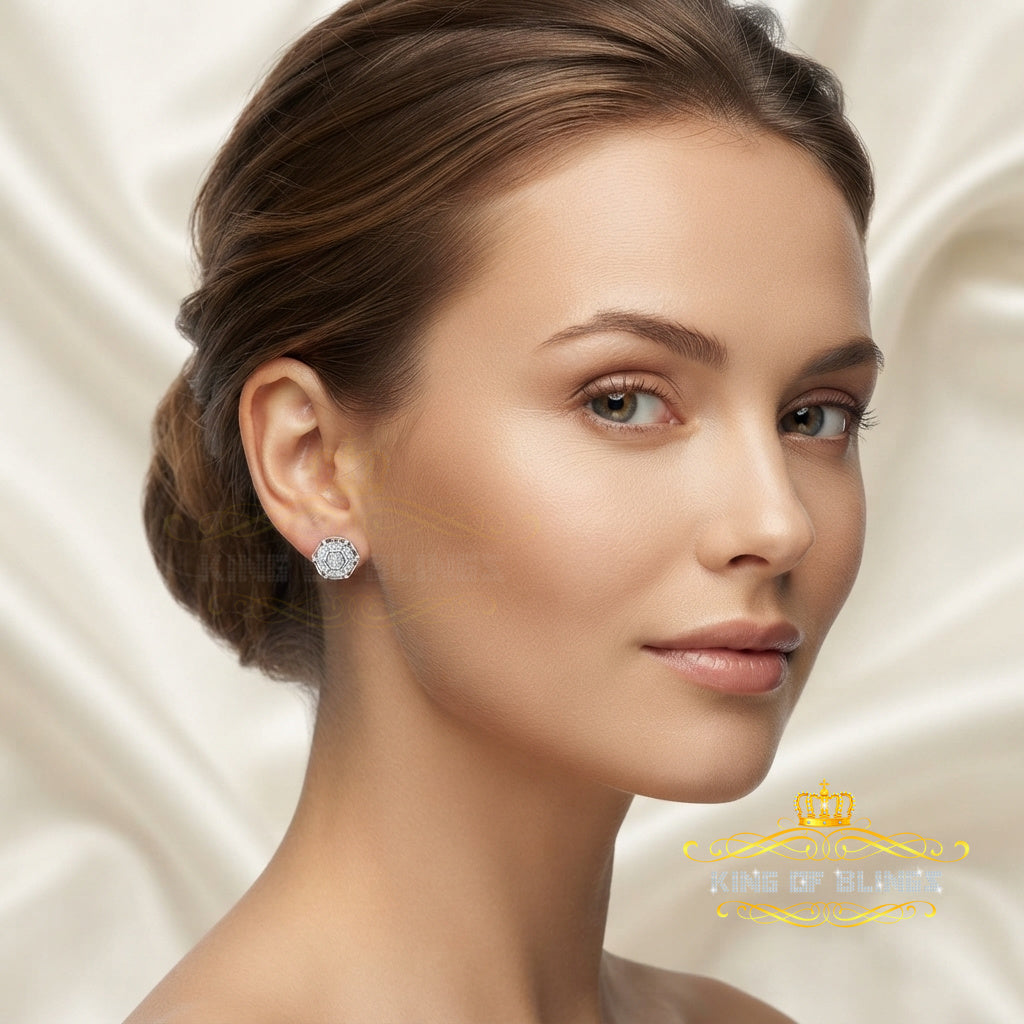 King Of Bling's 0.10ct Diamond Stud Hexagon Earrings White 925 Sterling Silver For Men/ Women KING OF BLINGS