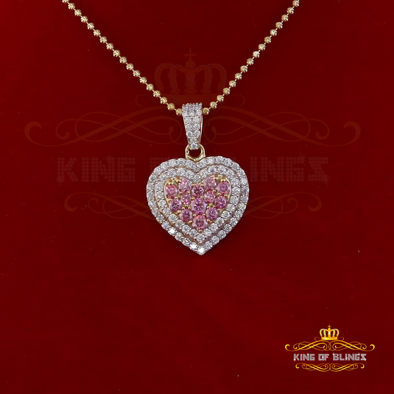 King Of Bling's Women's 925 Silver Yellow 11.00 ct VVS D Pink Moissanite 3D Heart Shaped Pendant