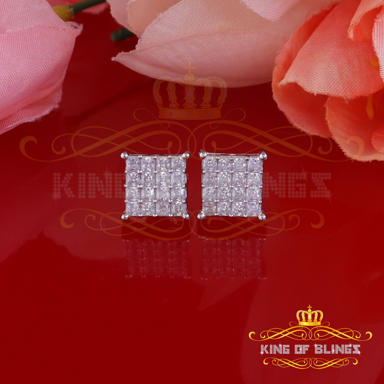King of Bling's 925 White Silver 2.88ct Cubic Zirconia Women's & Men's Hip Hop Square Earrings