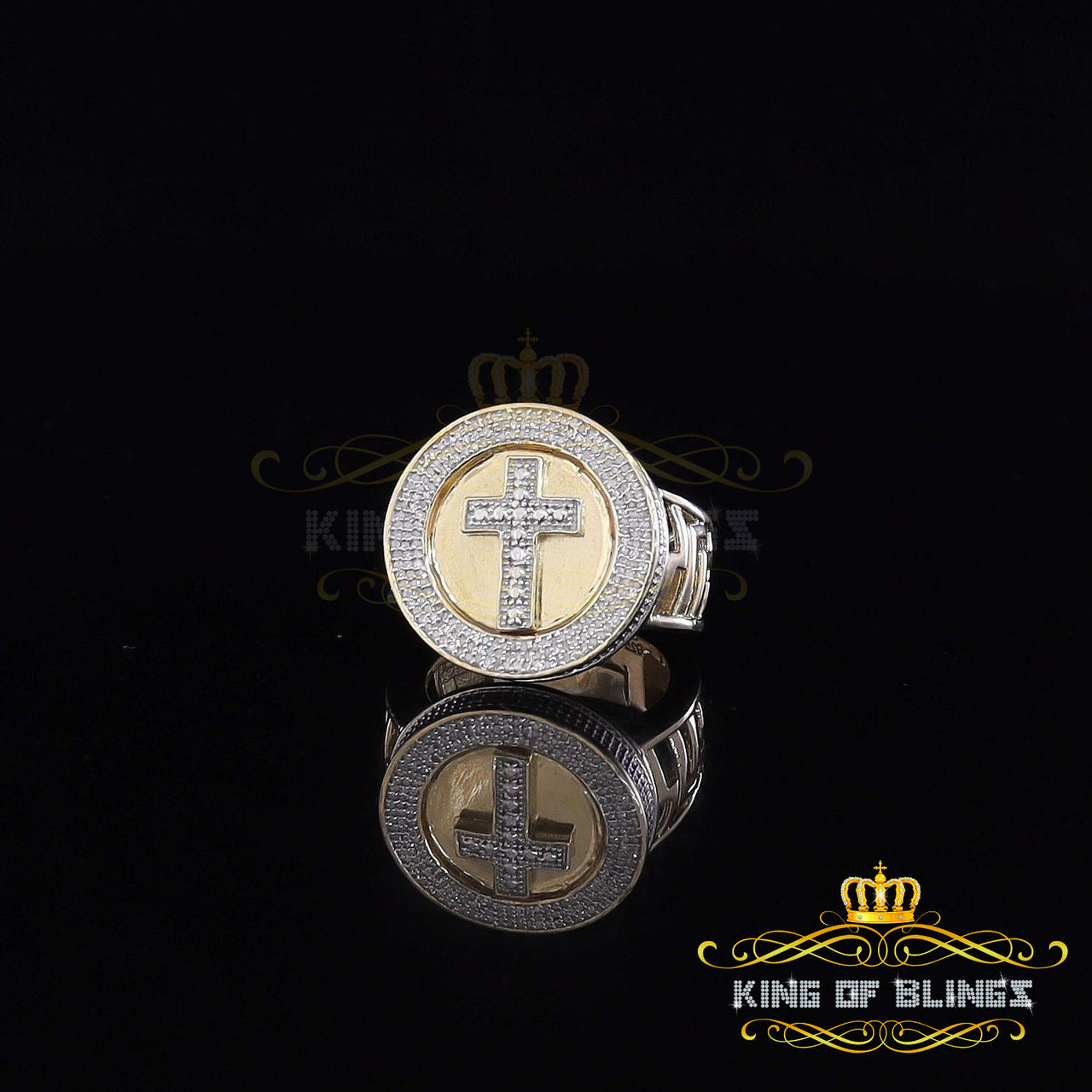 King Of Bling's Men's 0.40CT Silver Diamond Yellow Silver Round Adjustable Ring From SZ 10 to 12