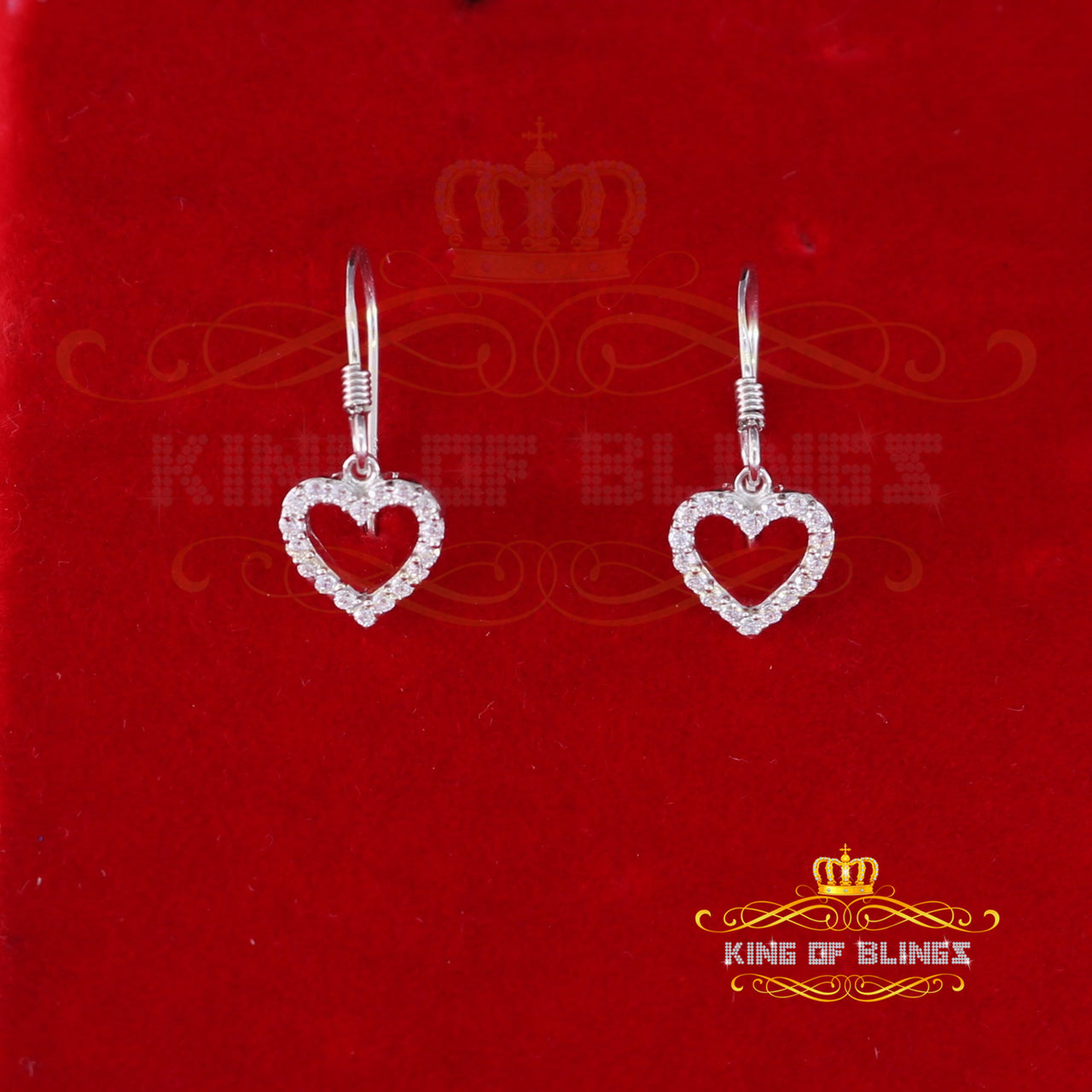 King of Blings- 925 White Silver 0.58ct Cubic Zirconia Cluster Women's Dangling Heart Earrings KING OF BLINGS