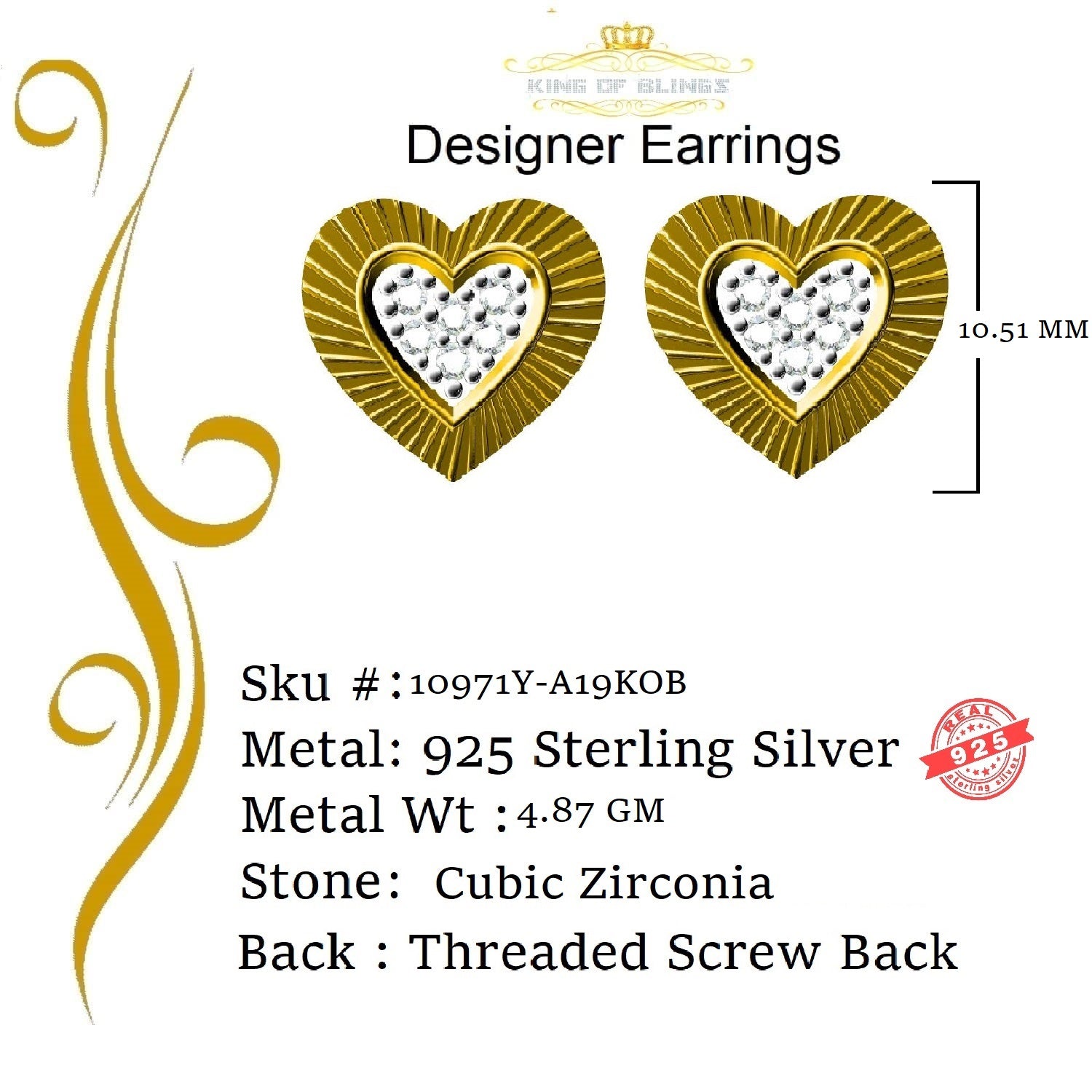 King of Bling's Aretes Para Hombre 925 Yellow Silver 1.36ct Cubic Zirconia Heart Women's Earring KING OF BLINGS