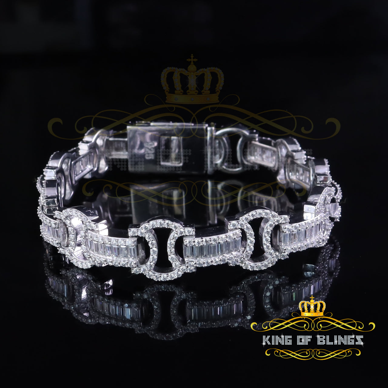 King Of Bling's 9.00ct Moissanite Baguette Silver White Byzantine Bracelet 8 In. Mens/Womens KING OF BLINGS