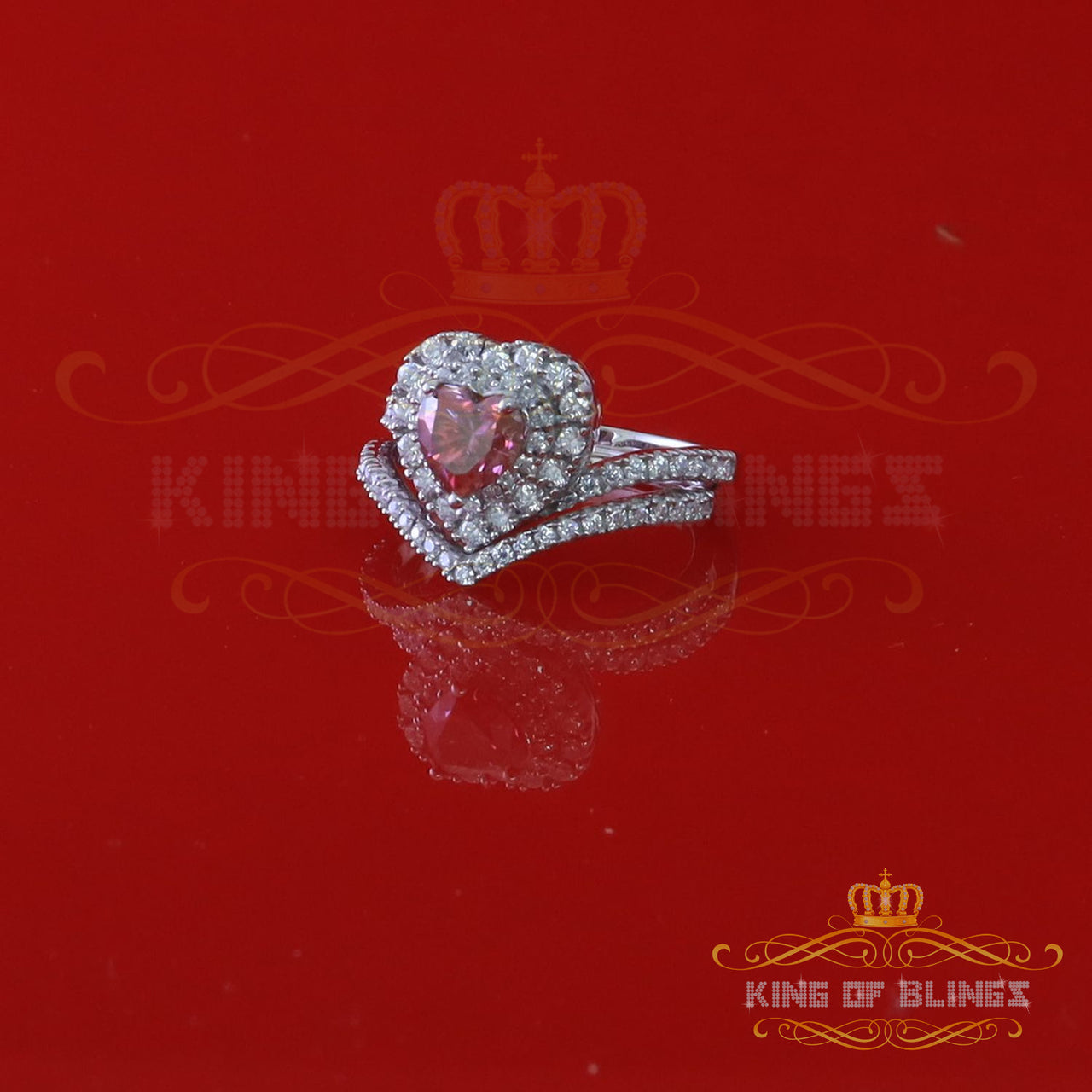 King of Bling's 1.66 CT Women's 925 Silver White VVS 'D' Pink Moissanite Heart Bridal Ring SZ 7