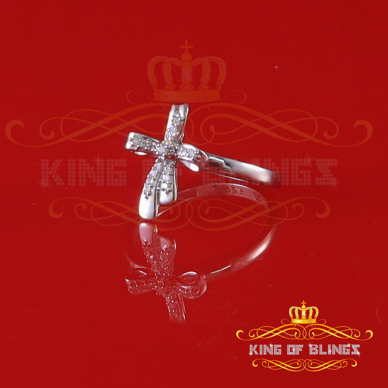King Of Bling's925 Sterling White Silver Shiny Cross 0.17ct Cubic Zirconia Womens Ring Size 8