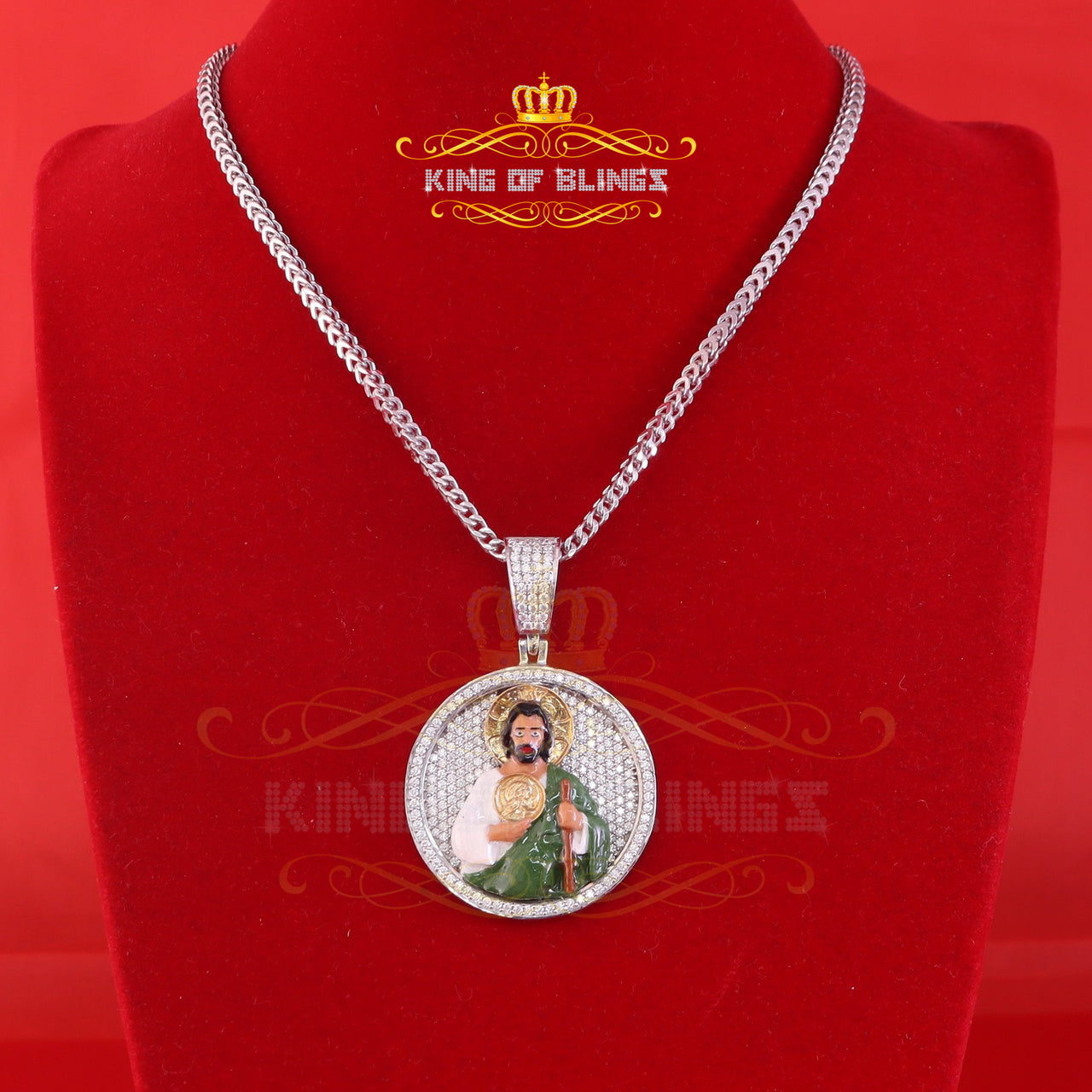 King Of Bling's Moissanite Vvs ' IF'D' 2.00CT Enamel 'SAINT JUDE' White Circle Men's Pendant KING OF BLINGS