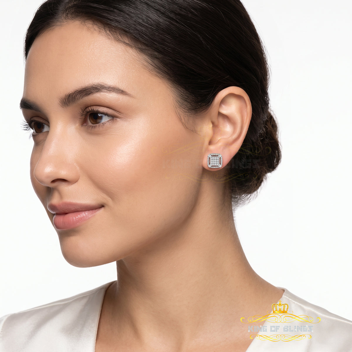 King Of Bling's 0.10 ct Real Diamond 3D Puff Cushion Square Crown White 925 Silver Stud Earrings KING OF BLINGS