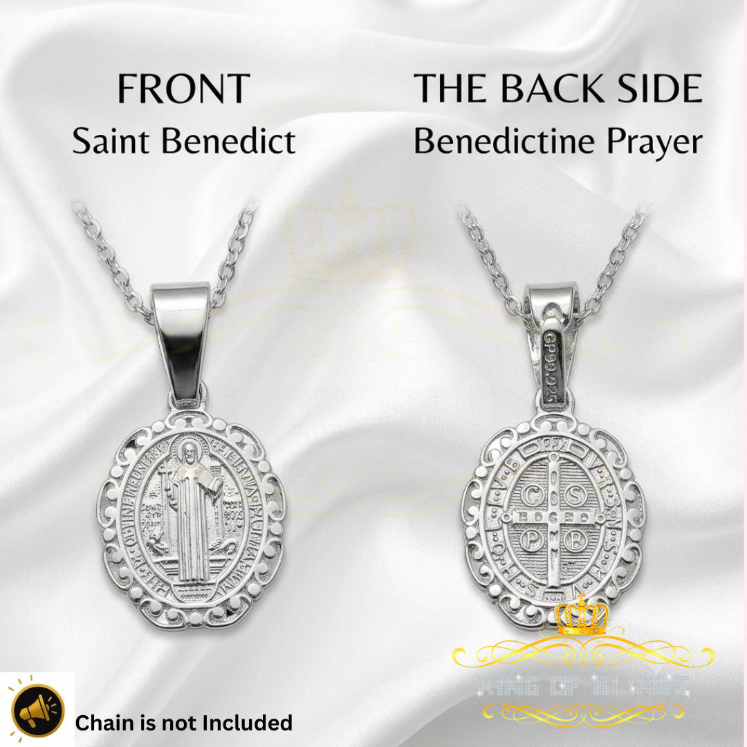 King Of Bling's 925 Sterling Silver Double Side Oval Benedict Men/Women Pendant White Religious