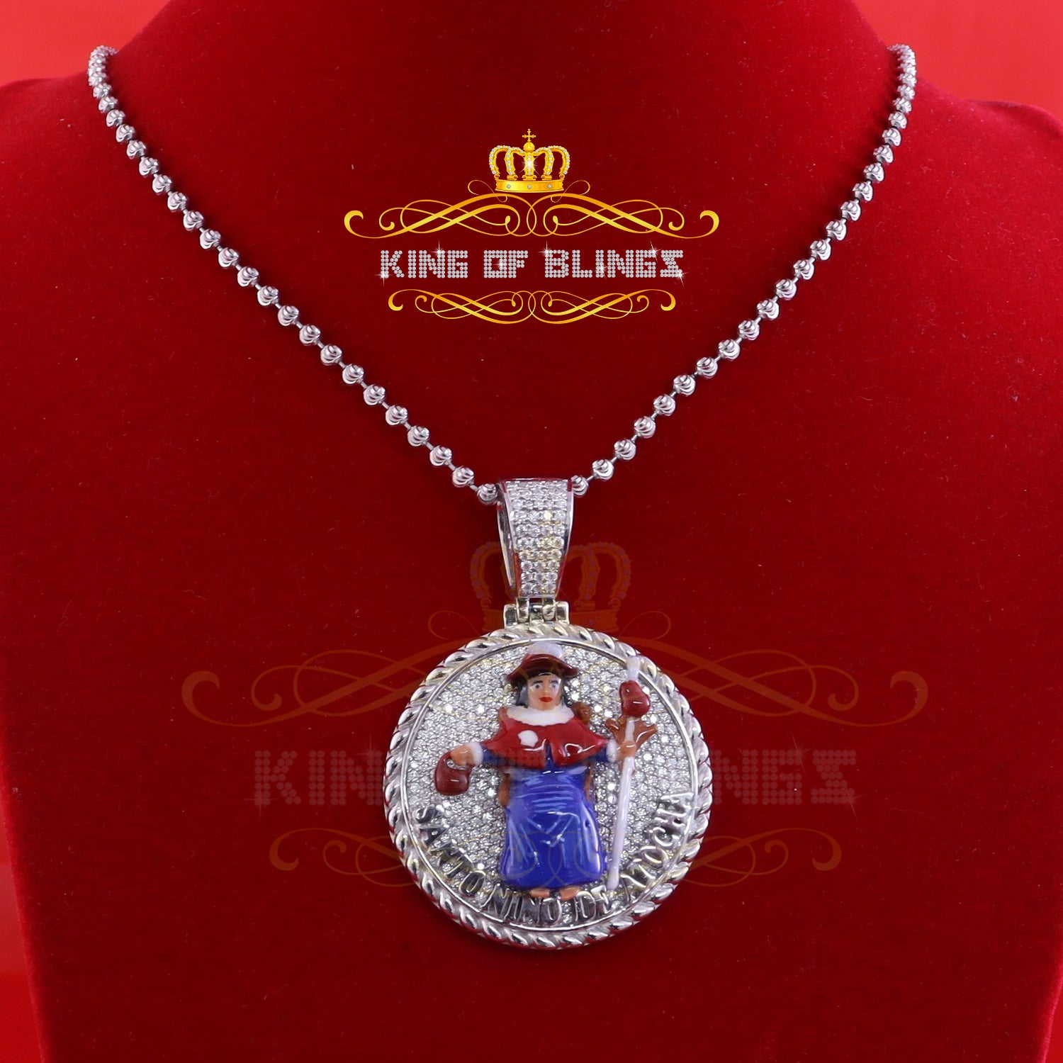 King Of Bling's Sterling Silver White "SANTO NINO DEATOCHA" Pendant with 3ct Genuine Moissanite KING OF BLINGS