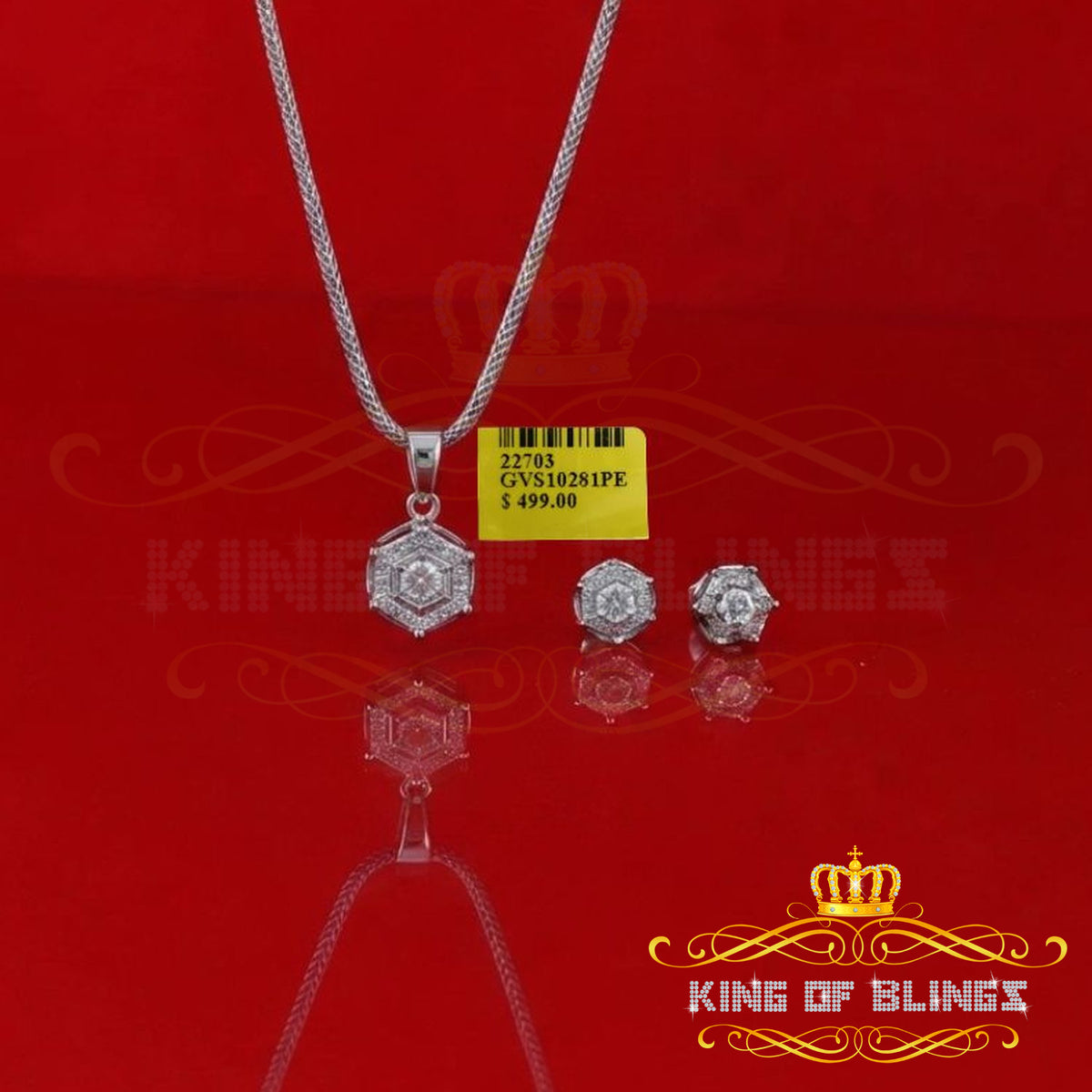 King of Bling's 925 White Sterling Silver 0.25 CTW Genuine Diamond Round Hexagonal Shape Pendant & Earrings Set King of Blings