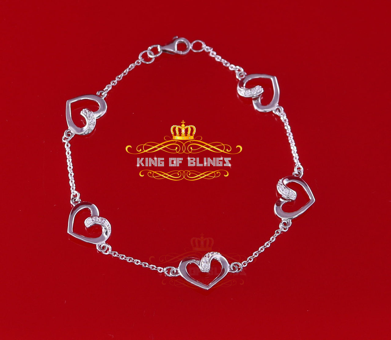 King Of Bling's White 925 Silver Heart Shape Men's/Womens Bracelet Cubic Zirconia -Size 6.5 Inch KING OF BLINGS