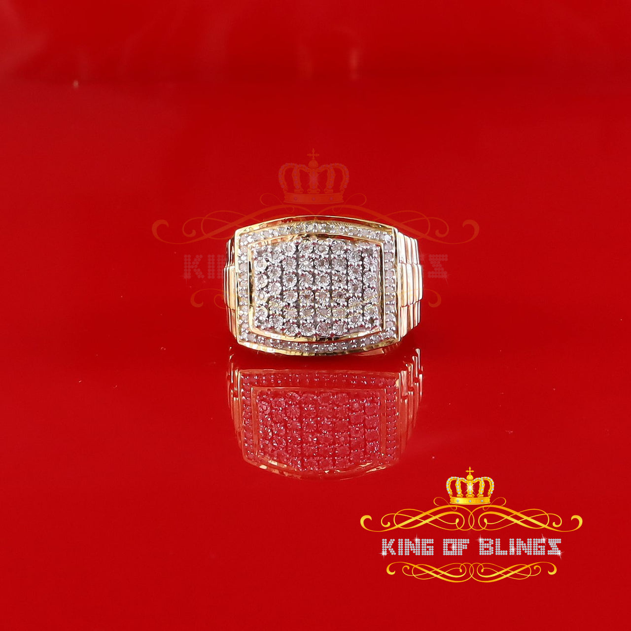 King Of Bling's Mirage Rectangle 0.40ctReal Diamond 925 Yellow Silver Engagement Mens Ring Sz 10