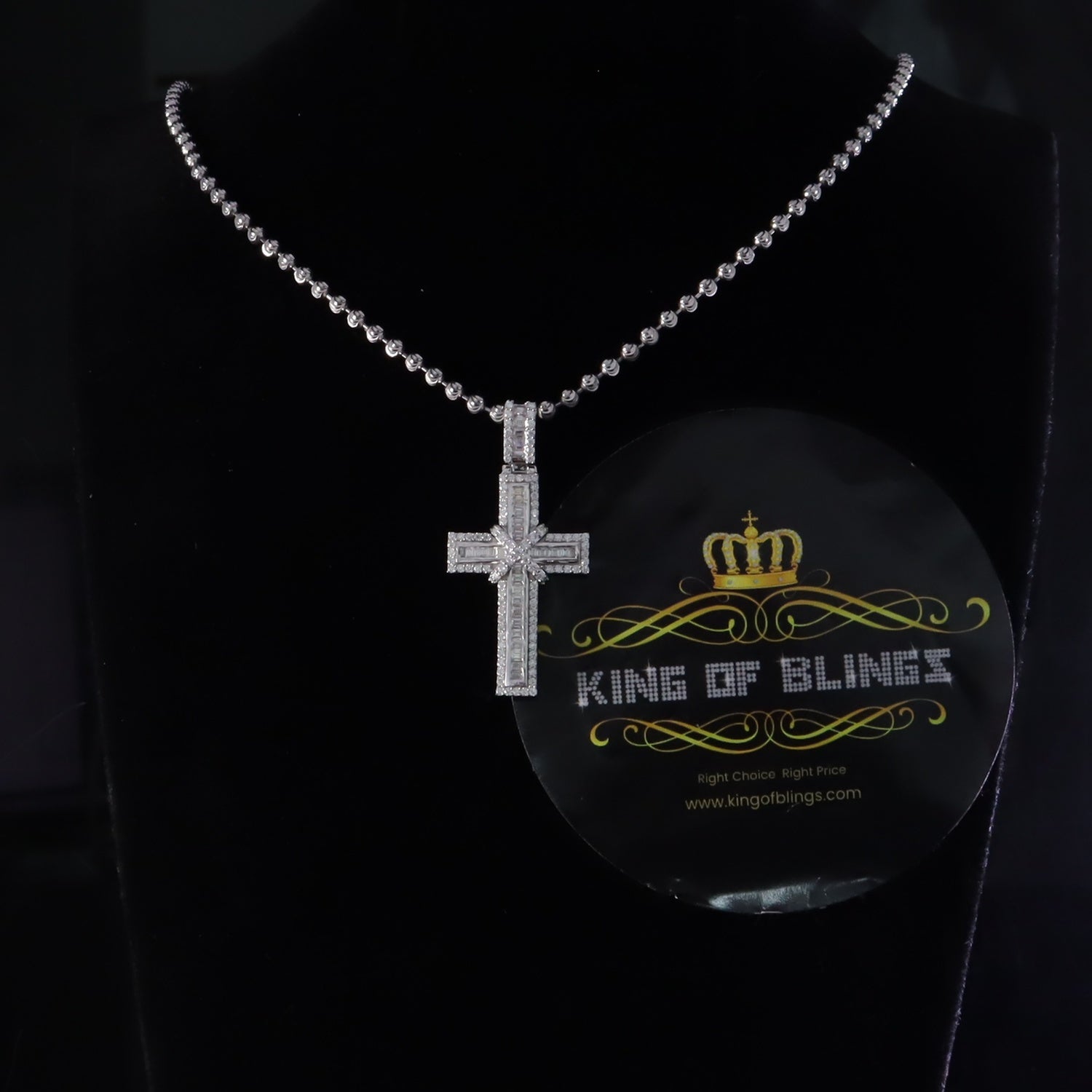 King Of Bling's Women's 925 White Silver 2.0ct VVS D Clr. Moissanite Baguette Cross Pendant for KING OF BLINGS