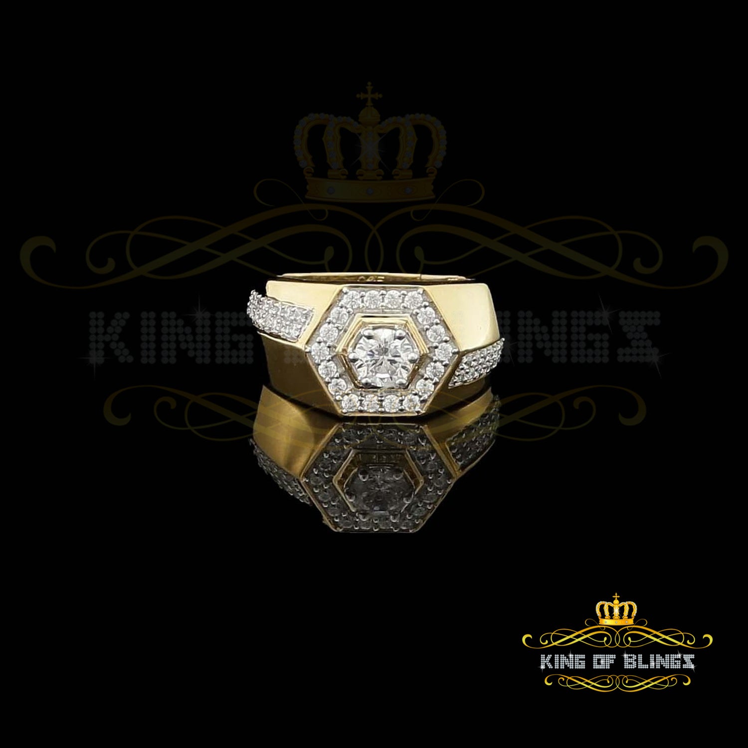 King Of Bling's 925 Yellow Silver Cubic Zirconia 2.50ct Men's Adjustable Ring From Size 8 to 10 KING OF BLINGS