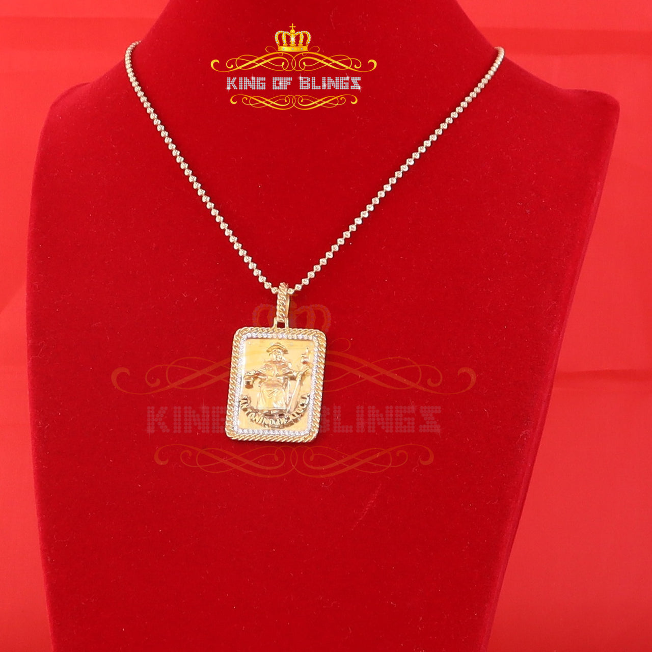 King Of Bling's Men's Square Santo Nino De Atocha 3D Yellow '1'inch 925 Silver 0.66ct CZ Pendant KING OF BLINGS