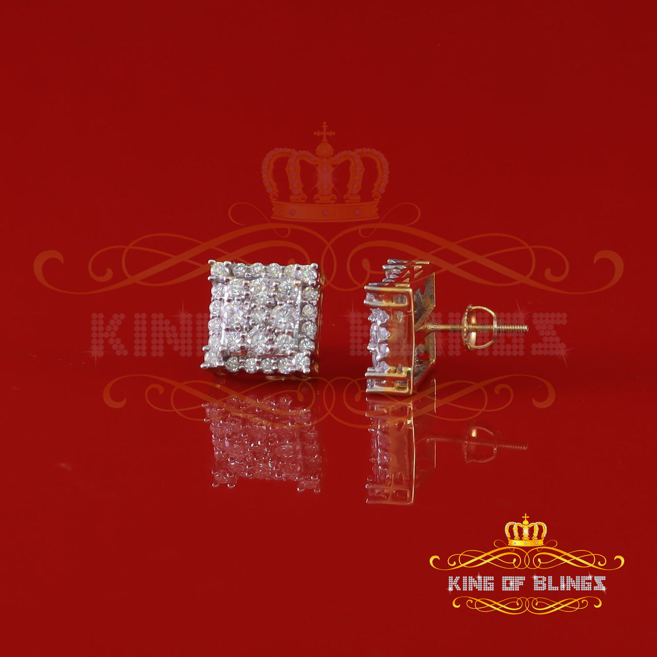 King Of Bling's 1.75ct Vvs 'D' Color Genuine Moissanite Stud SQUARE Earring10k Real Yellow Gold