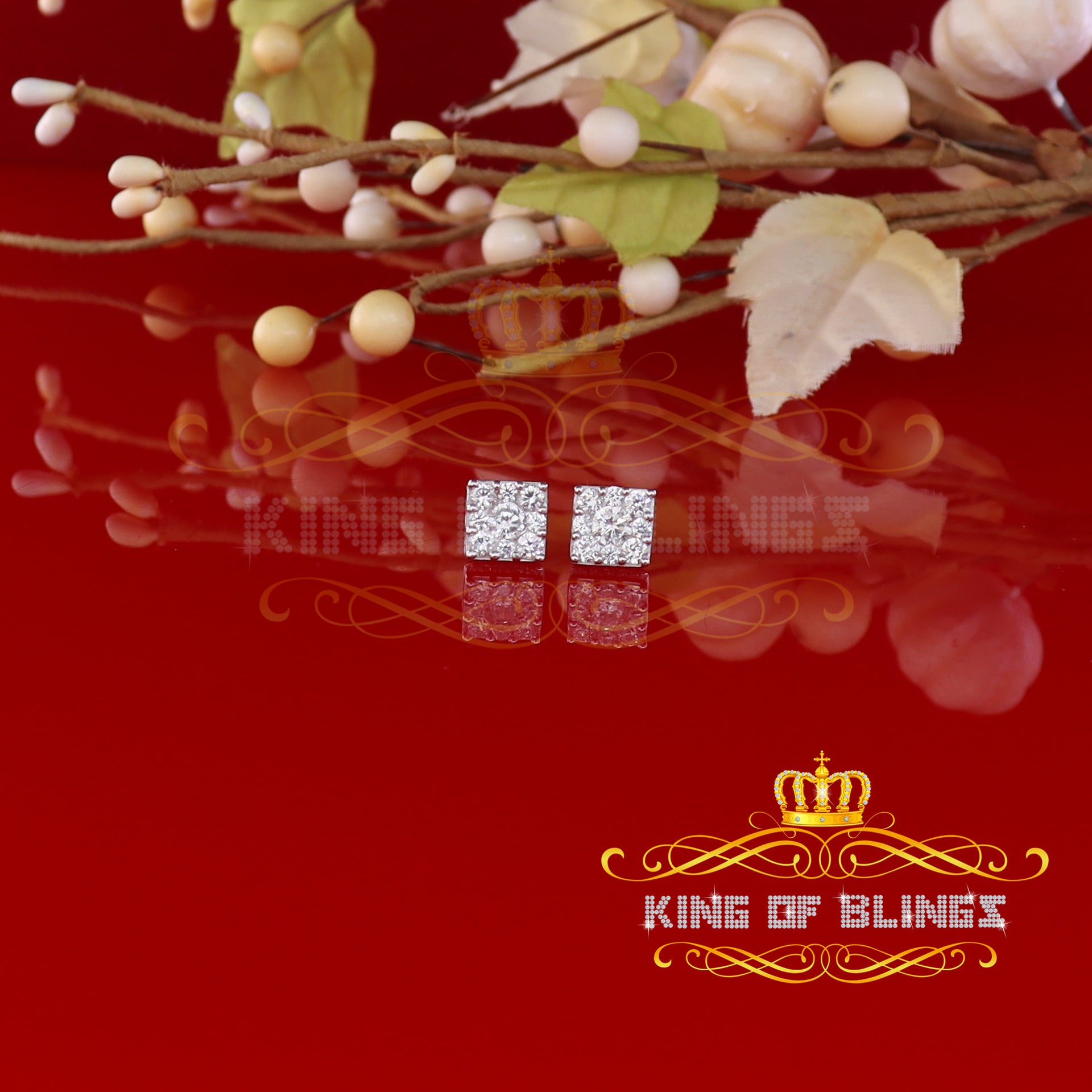 King of Blings- 925 White 1.46ct Sterling Silver Cubic Zirconia Women's & Men's Square Earrings KING OF BLINGS