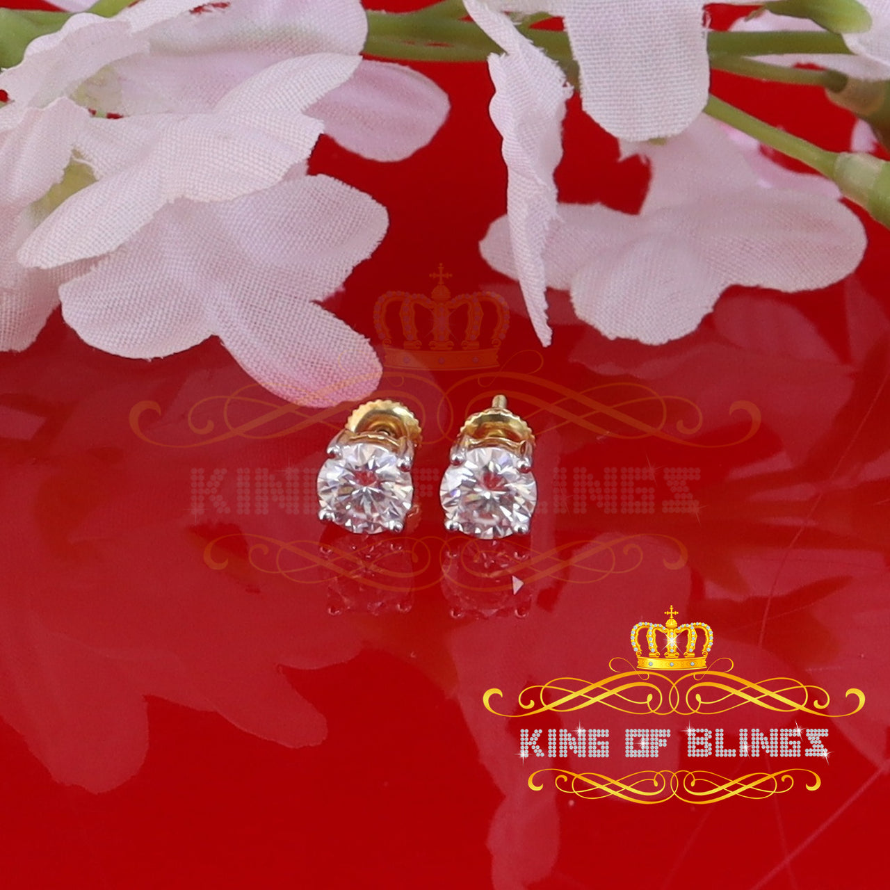 King Of Bling's 10k Real Yellow Gold with 1.25ct Round VVS 'D' Color Moissanite Stud Earrings