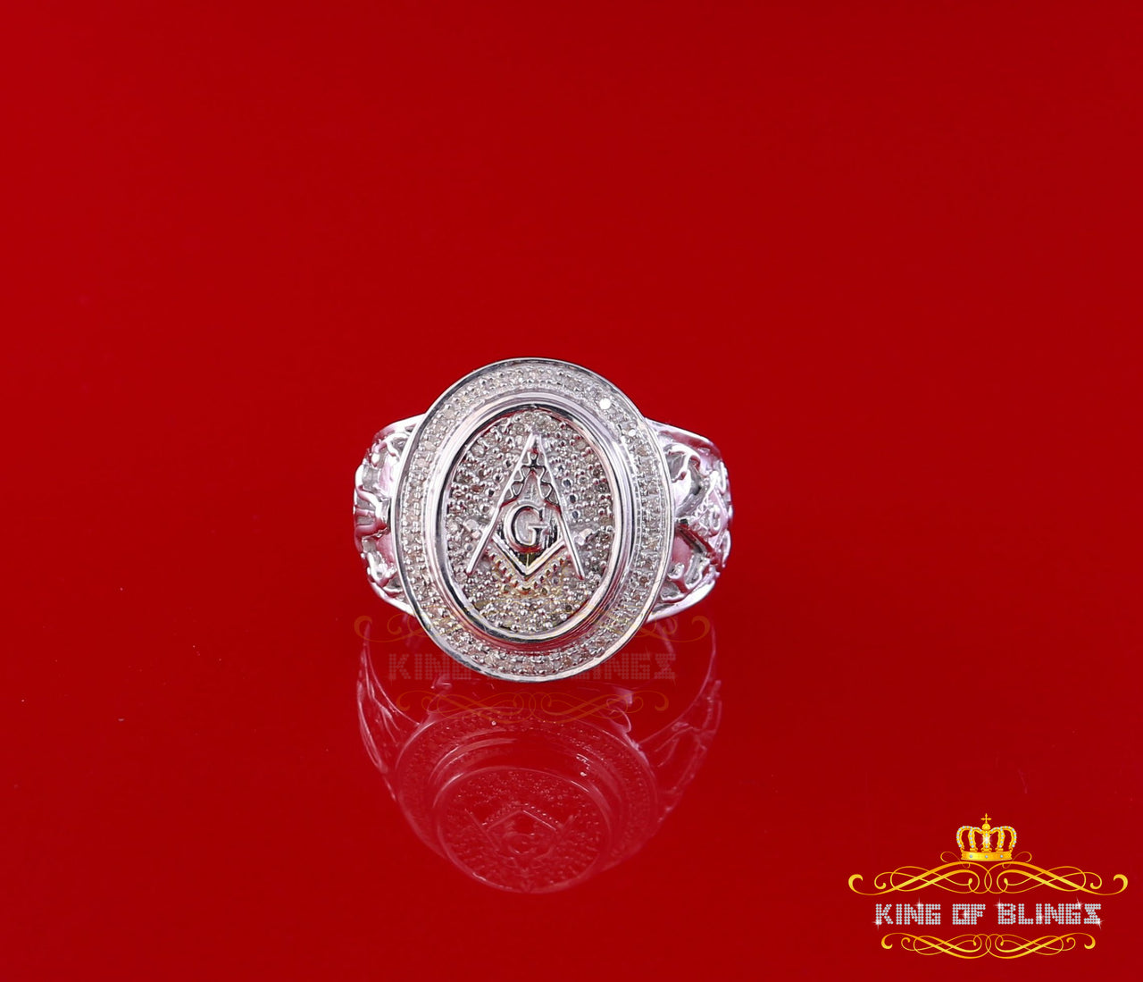 King Of Bling's 0.33 CT Real Diamond Men's 925 Sterling Silver Masonic White Ring With Size 10