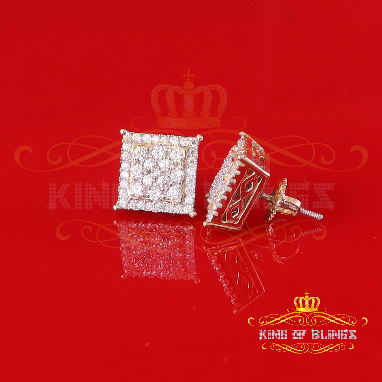 King  of Bling's Men's/Women's 925 Silver Yellow 1.25ct VVS 'D' Moissanite Square Stud Earrings KING OF BLINGS