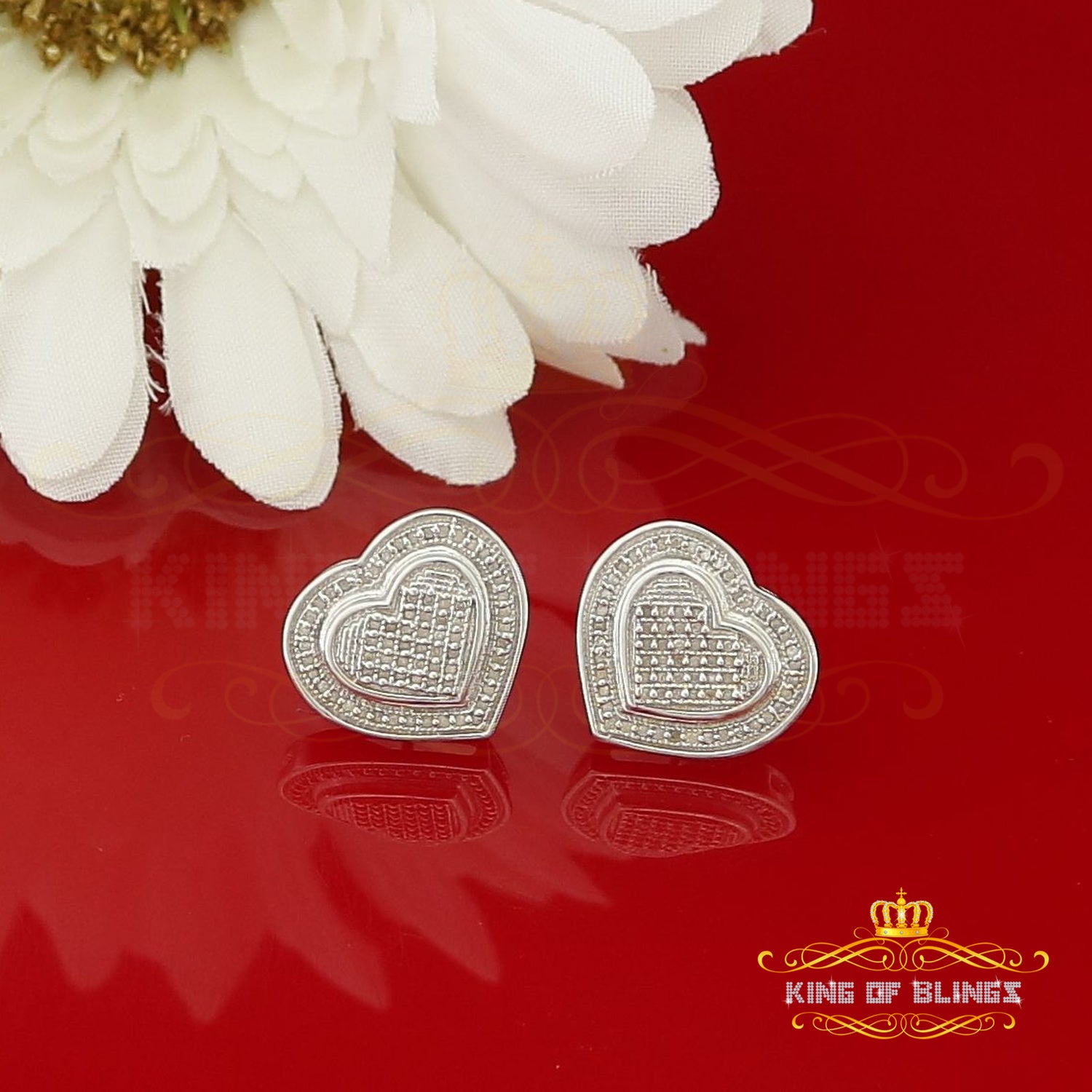 King Of Bling's Aretes Para Hombre 925 White Silver 0.33ct Diamond Women's Heart Style Earrings KING OF BLINGS