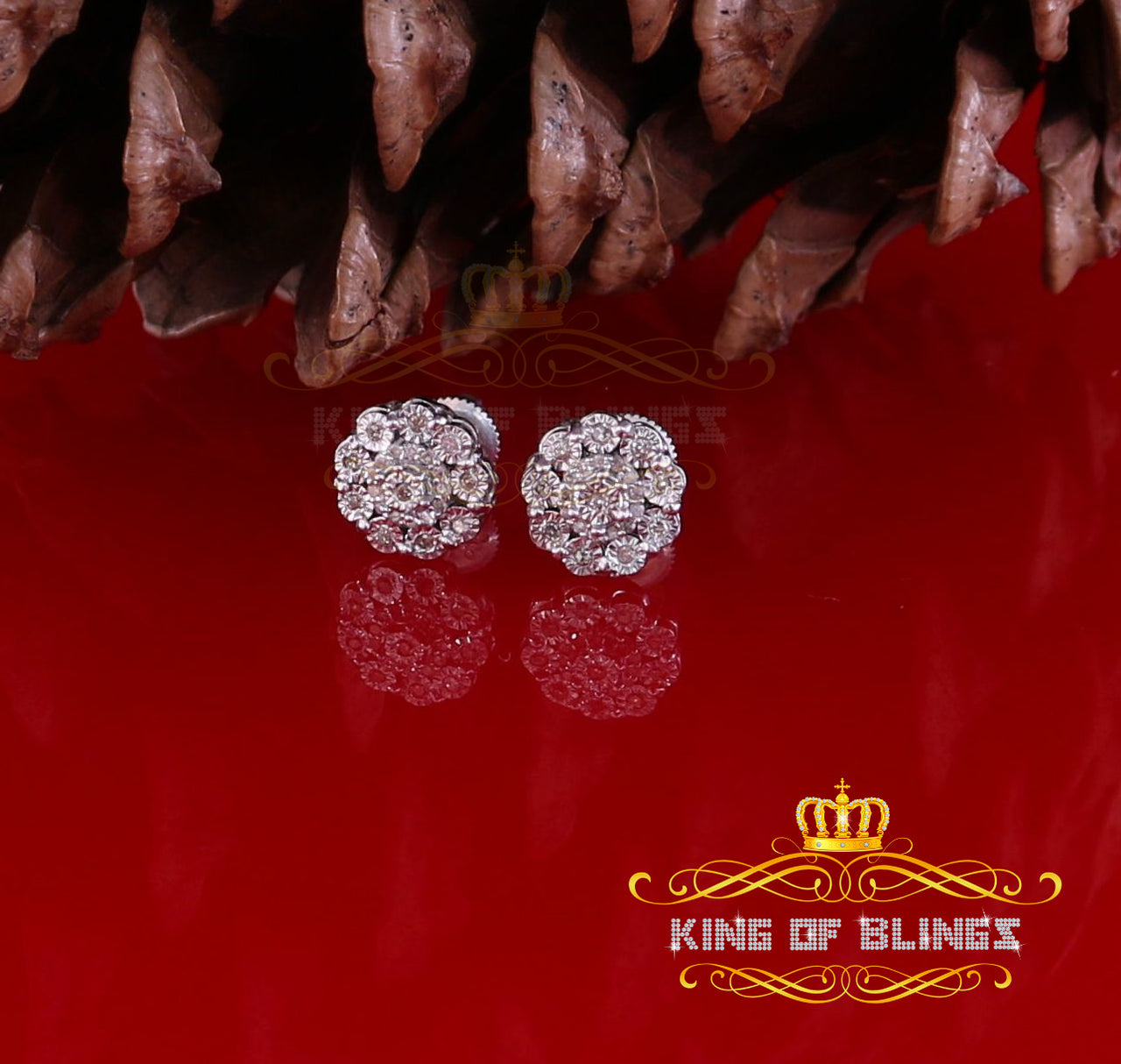 King Of Bling's 0.15ct Diamond 925 Sterling Silver White Floral Earrings For Men's / Women's