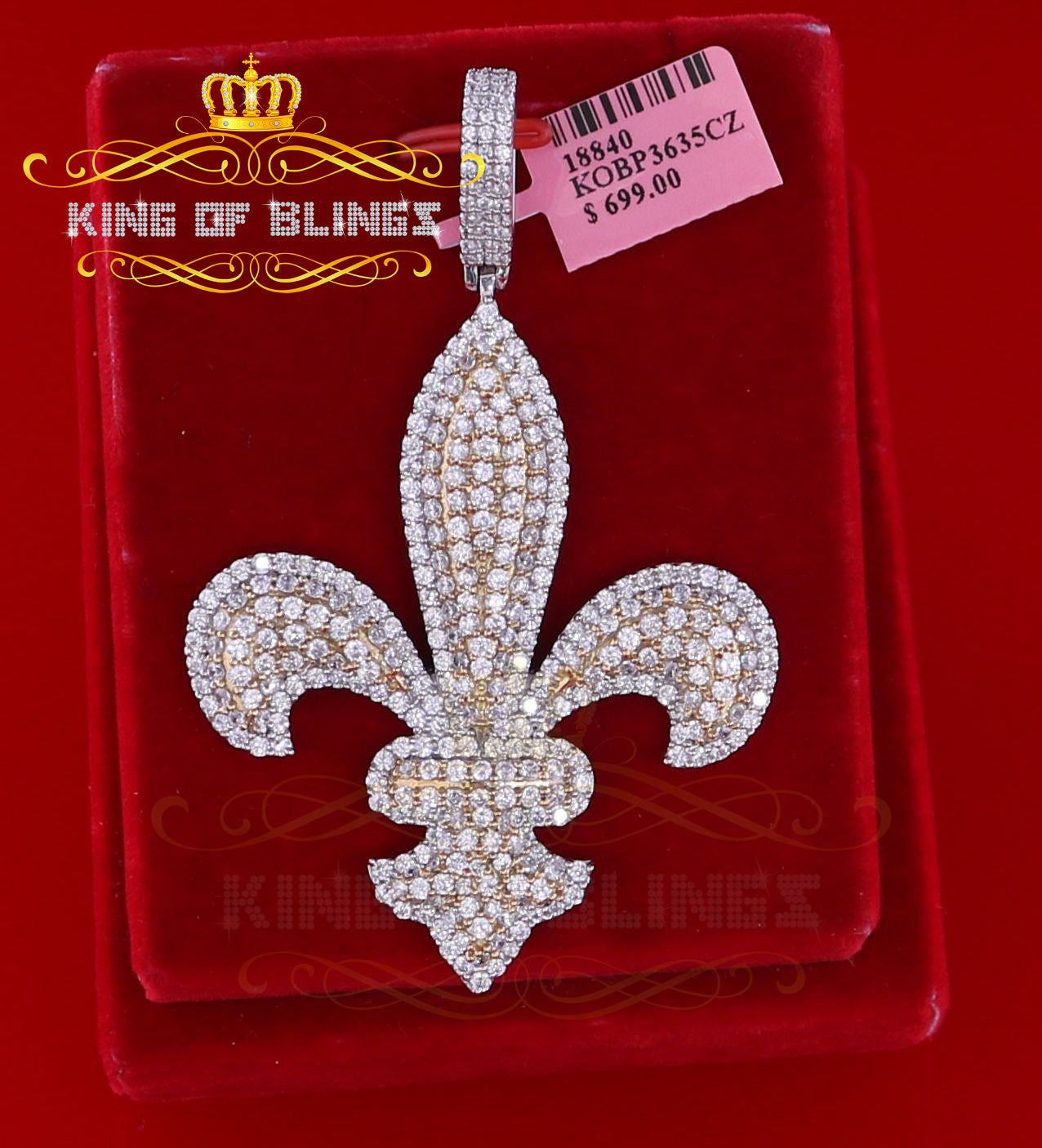 925 White Sterling Silver Fleur de Lis Shape Pendant with 16.56ct Cubic Zirconia KING OF BLINGS