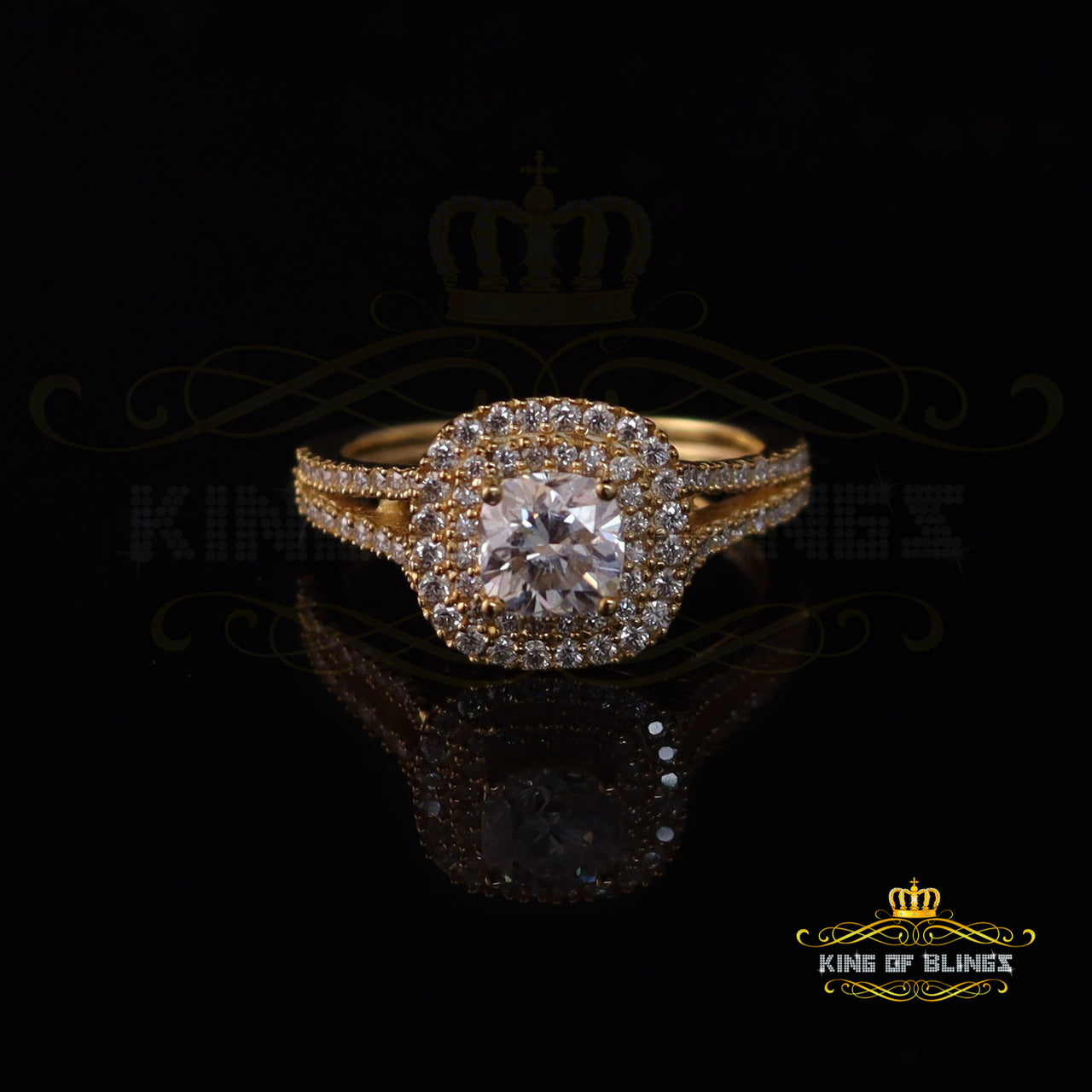 King Of Blings  10K Yellow Gold 2.00CT 'VVS' 'FL' D clr Cushion Cut Moissonite Womens Ring S/7 KING OF BLINGS