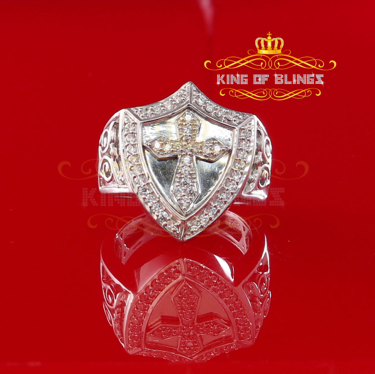 King Of Bling's925 Sterling White 0.92ct Cubic Zirconia Silver Shield Cross Men's Ring Size 10