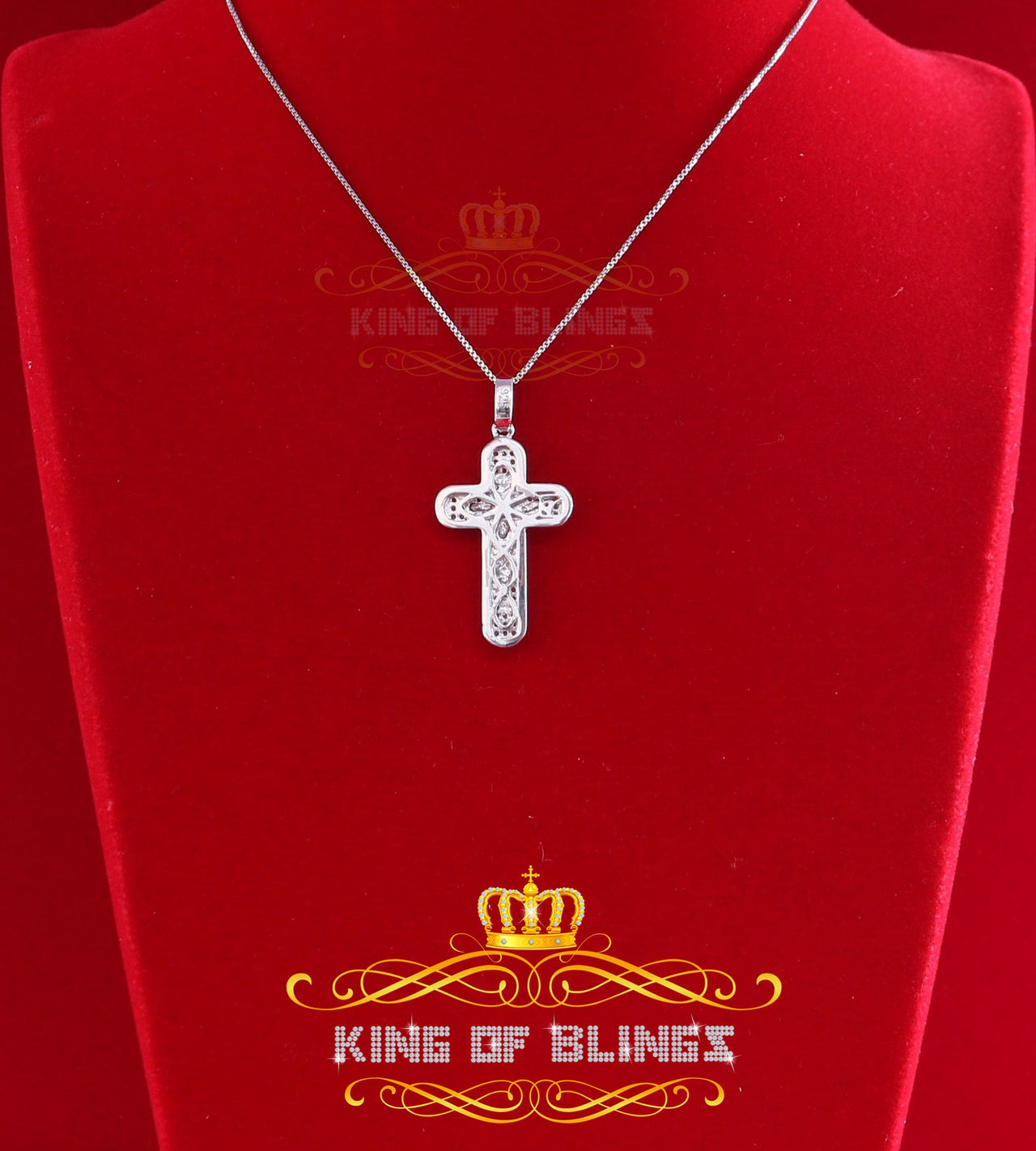 King Of Bling's Real 0.33ct Diamond Sterling Silver JESUS CROSS Charm Necklace Pendant in White