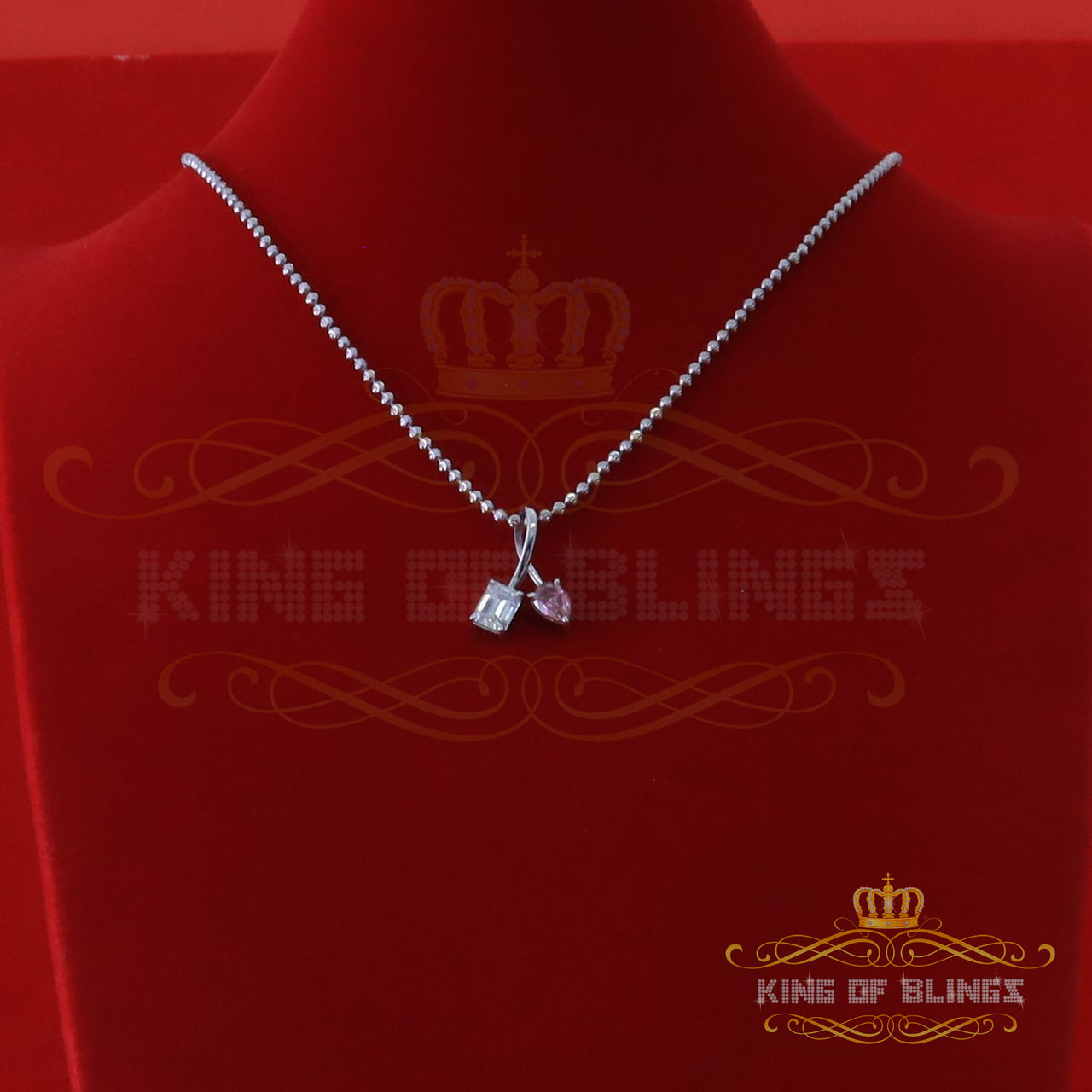 King Of Bling's Women's White 925 Silver White 2.00ct VVS 'D' Pink Moissanite Toi et Moi Pendant