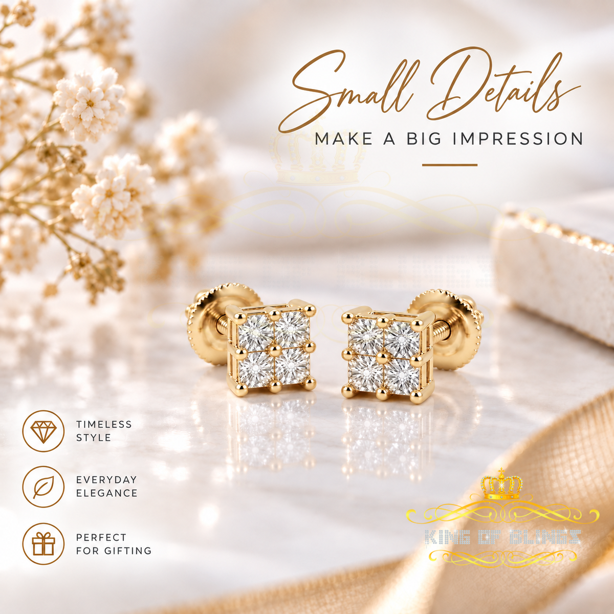 King Of Bling's 0.05ct Diamond Stud Earrings For Women Yellow 925 Sterling Silver Stud For Men KING OF BLINGS