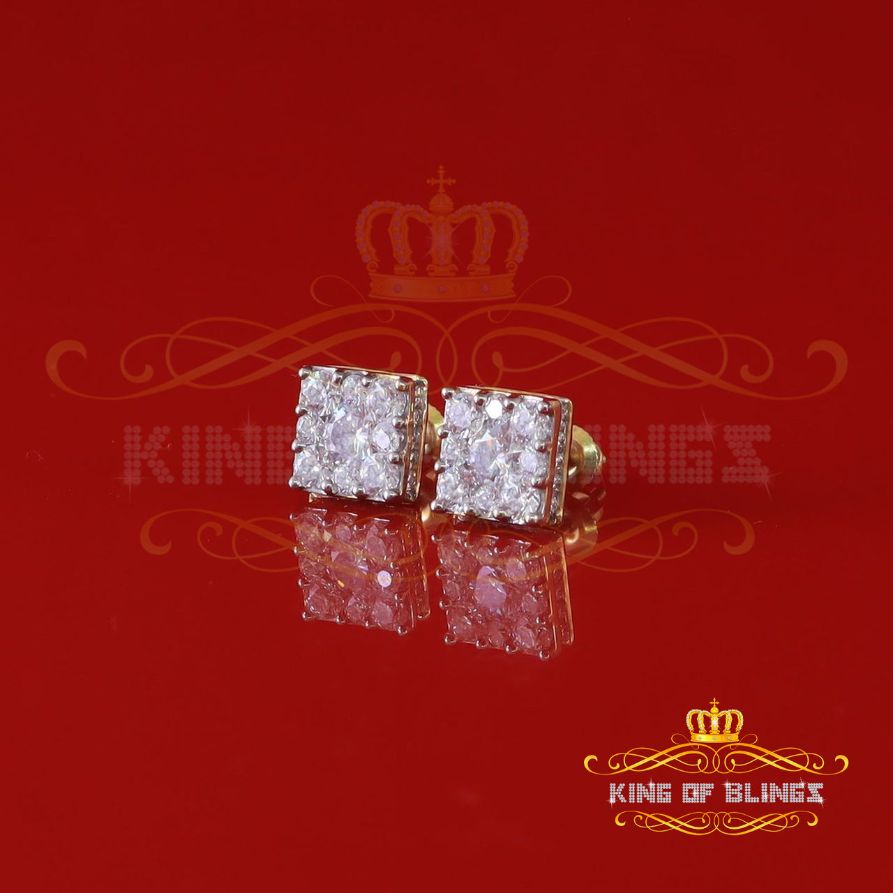 King Of Bling's Real Moissanite Square Earrings 10k Real Yellow Gold 2.25ct VVS 'D' Color