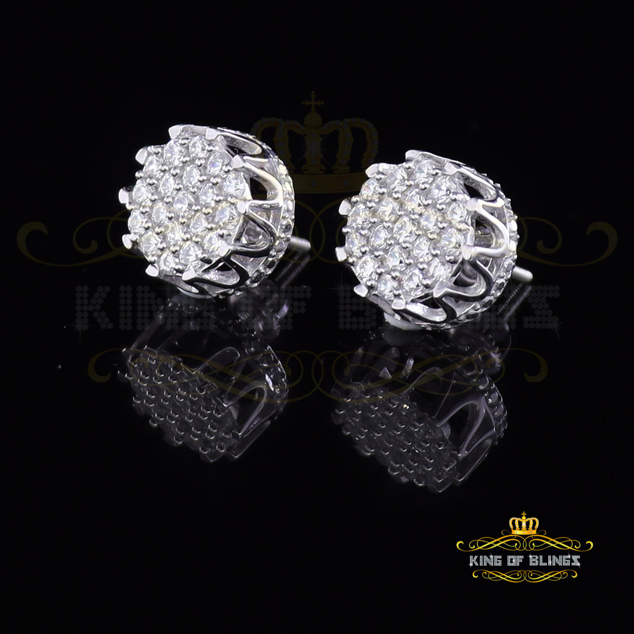 King of Blings- White 925 Sterling Silver 2.04ct Cubic Zirconia Women's & Men's Floral Earrings KING OF BLINGS