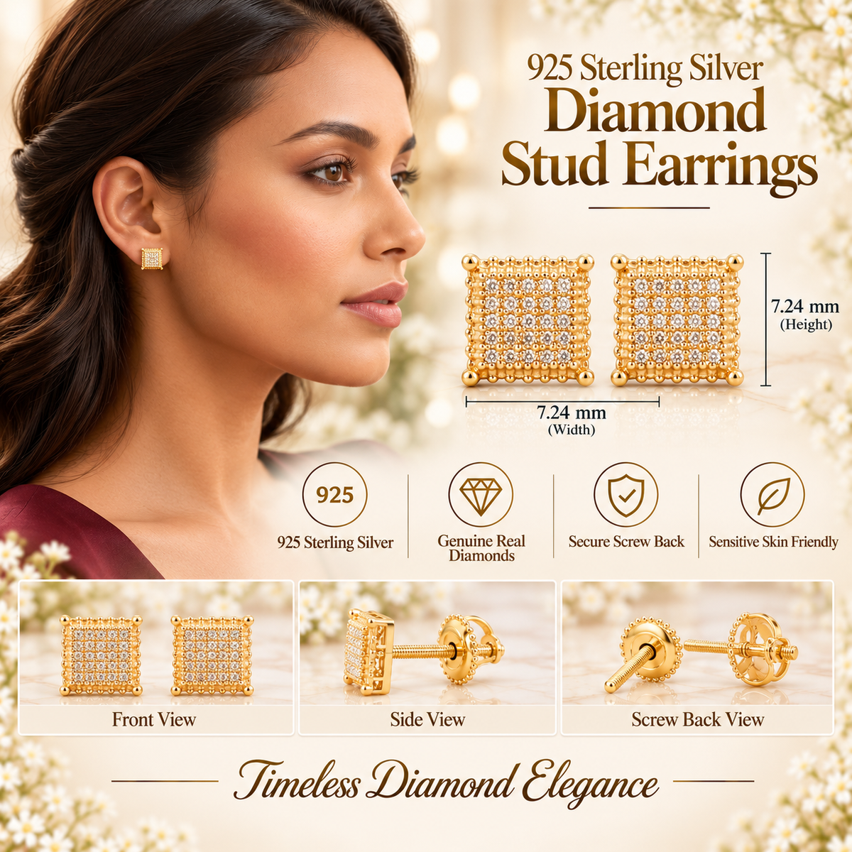 King Of Bling's 0.15ct Yellow Diamond 925 Sterling Silver Stud Women's/ Men's Square Earrings KING OF BLINGS