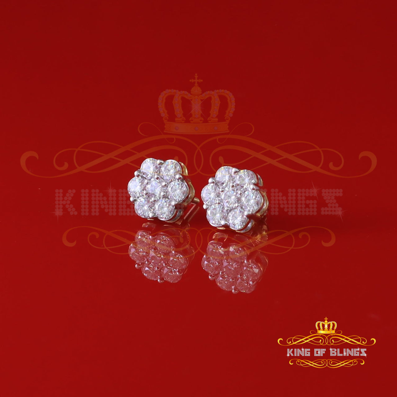 King Of Bling's Real Moissanite Vvs 'D' Color 2.0ct 10k Real Yellow Gold Stud FLORAL Earrings