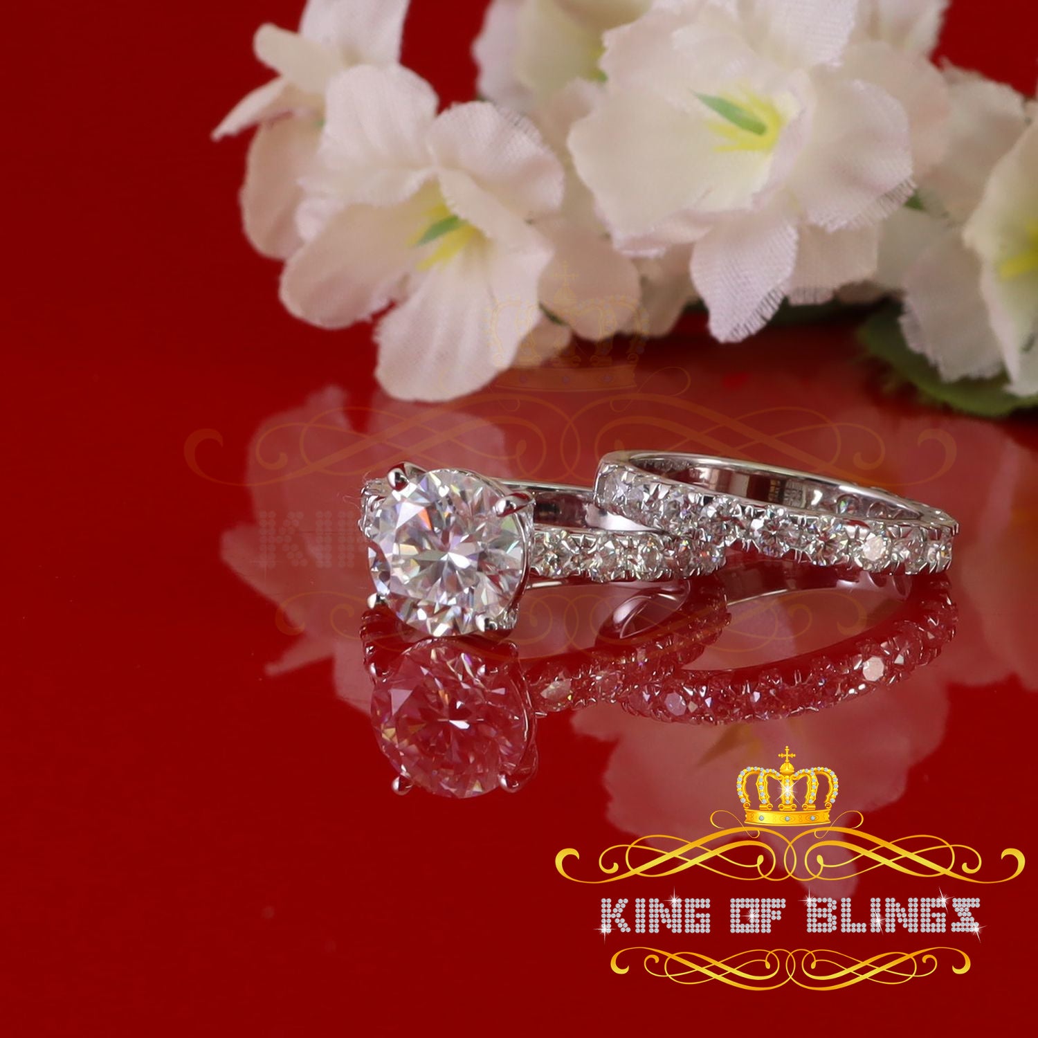 King of Bling's 7.00ct Moissanite White Sterling Silver Men's/ Women Bridal Round Rings Size 8 KING OF BLINGS