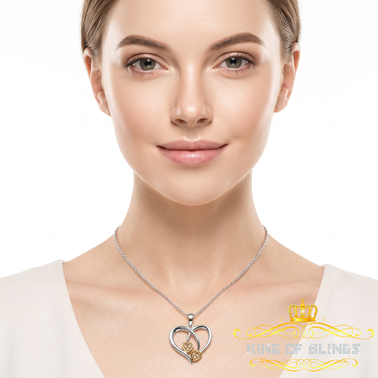 King Of Bling's 0.03CT Real Diamond Double HEART Sterling Silver with White Charm Pendant KING OF BLINGS