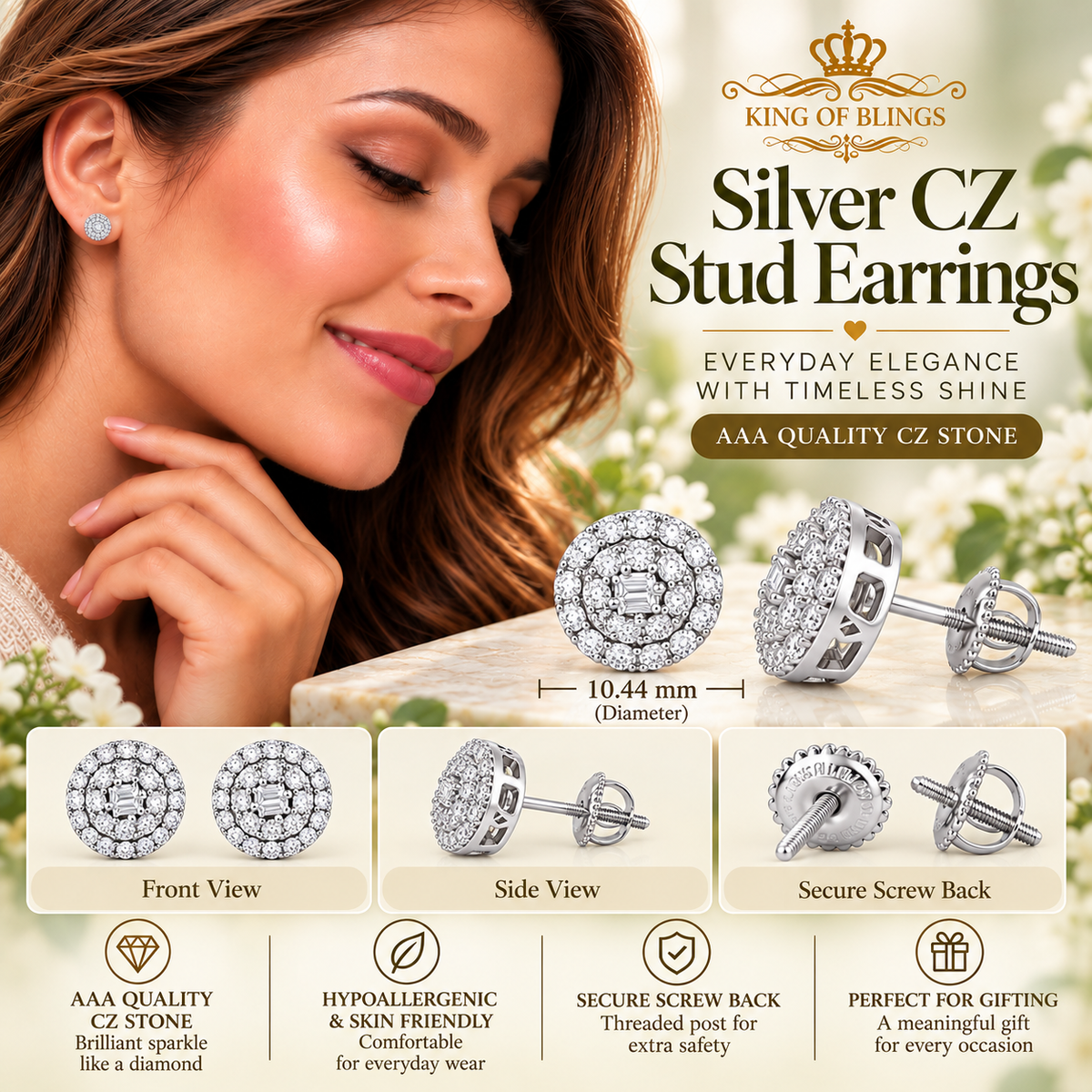 King of Bling's 1.96ct Cubic Zirconia Aretes Para Hombre 925 White Silver Women's Round Earring KING OF BLINGS