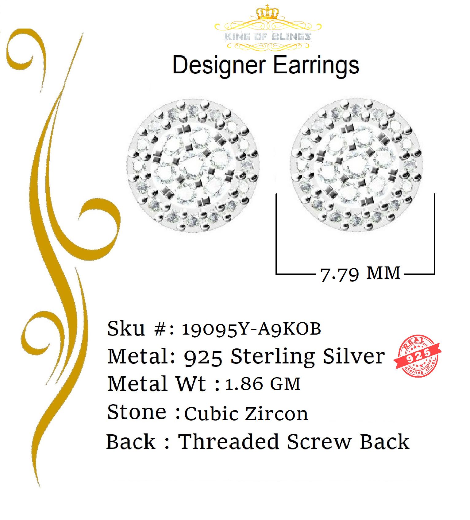 King of Bling's Aretes Para Hombre 925 Yellow Silver 0.88ct Cubic Zirconia Round Women's Earring KING OF BLINGS