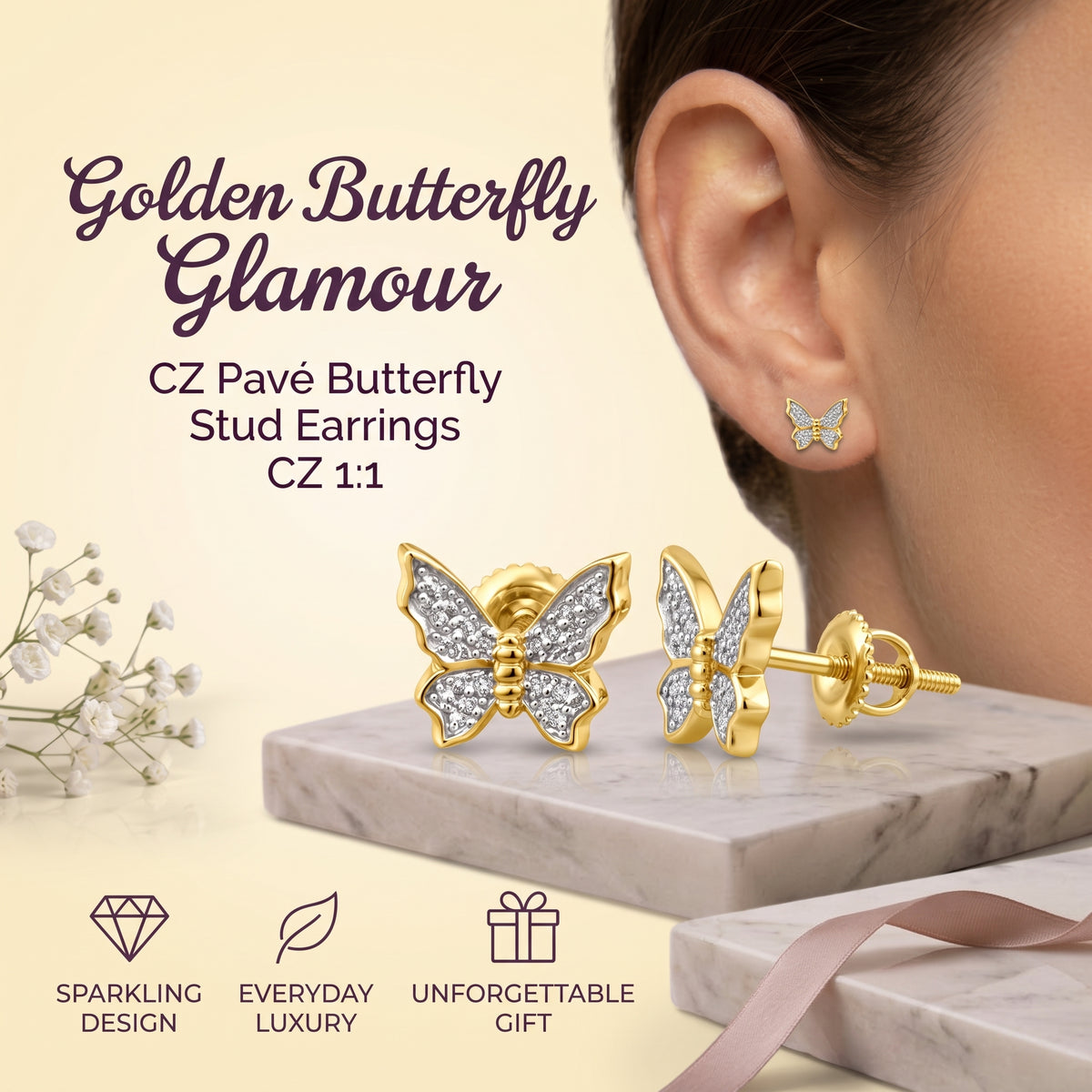 King of Bling's Women's 0.34ct Cubic Zirconia Butterfly Stud Earring Yellow 925 Sterling Silver KING OF BLINGS
