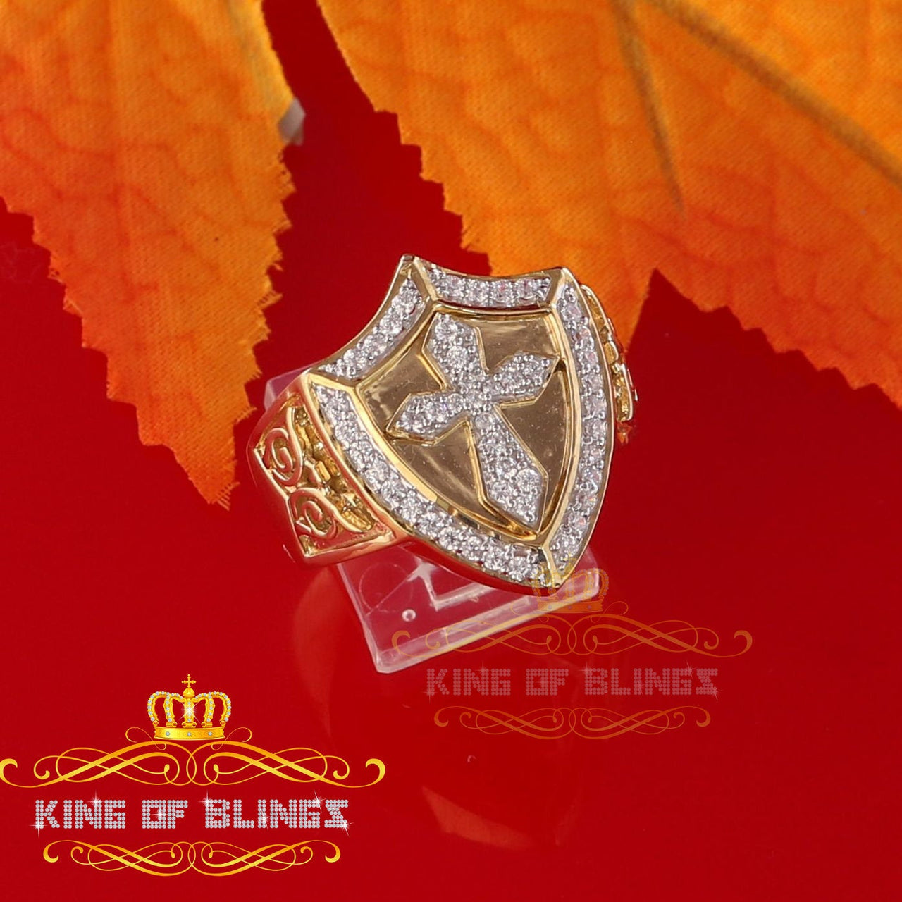 King Of Bling's 925 Sterling Yellow 0.92ct Cubic Zirconia Silver Shield Cross Men's Ring Size 9