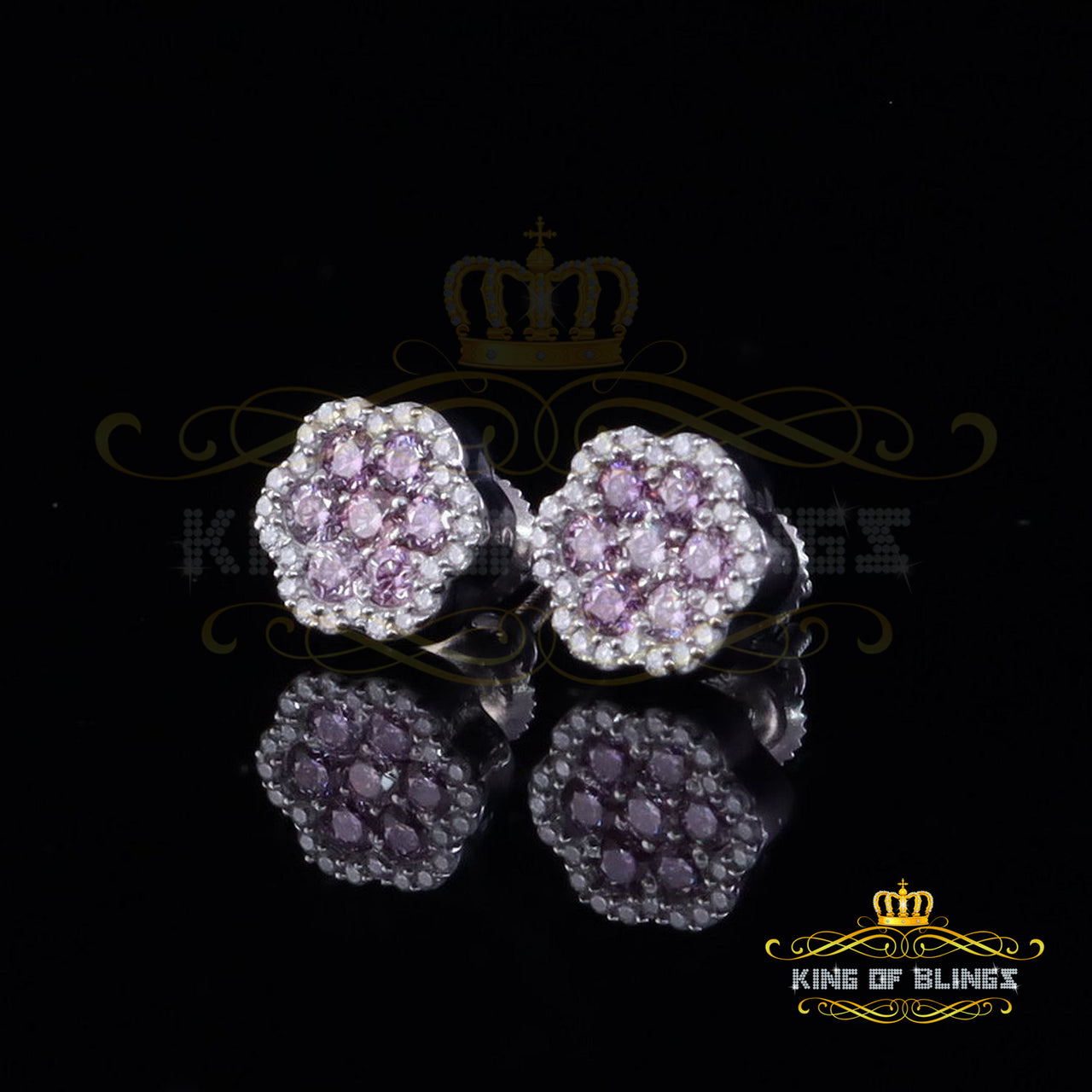 King of Bling's Men's/Women's 925 Silver White 0.66ct VVS D Pink Moissanite Floral Stud Earrings