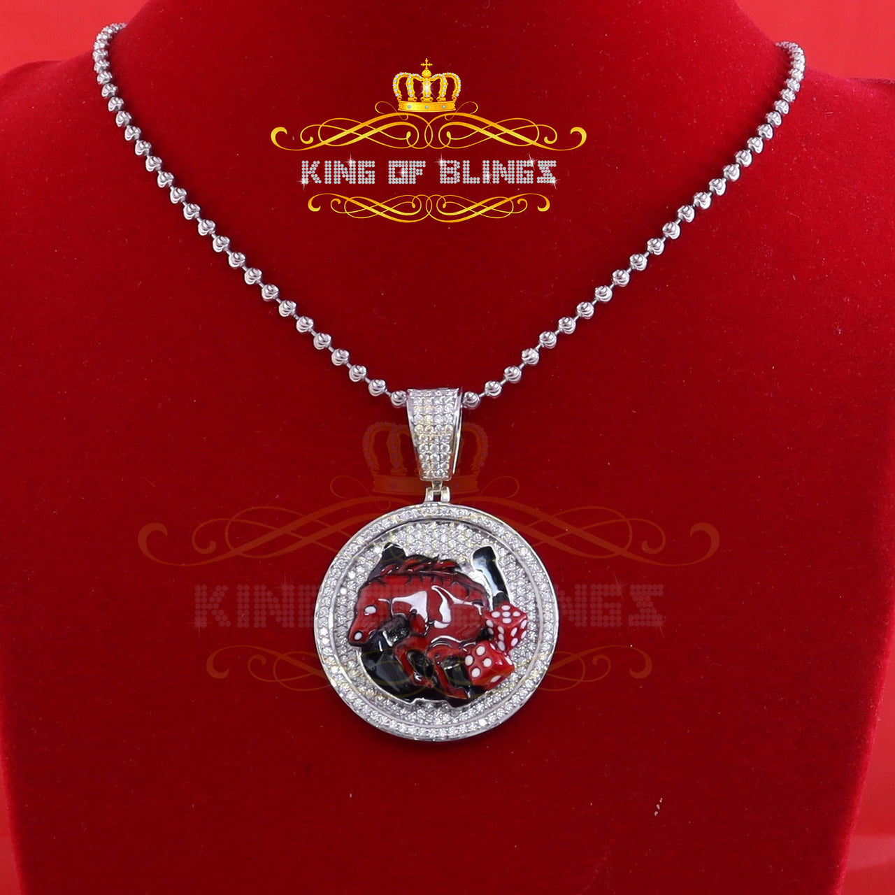 King Of Bling's 925 Silver White "HORSE SHOE" Enamel Pendant with 5.00ct Genuine Moissanite KING OF BLINGS