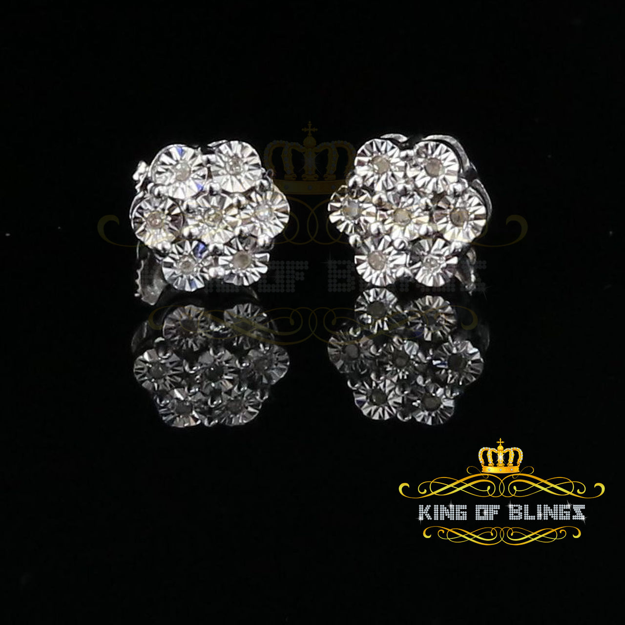 King Of Bling's 0.05ct Diamond 925 Sterling Silver White Flower Earrings For Men's & Women's