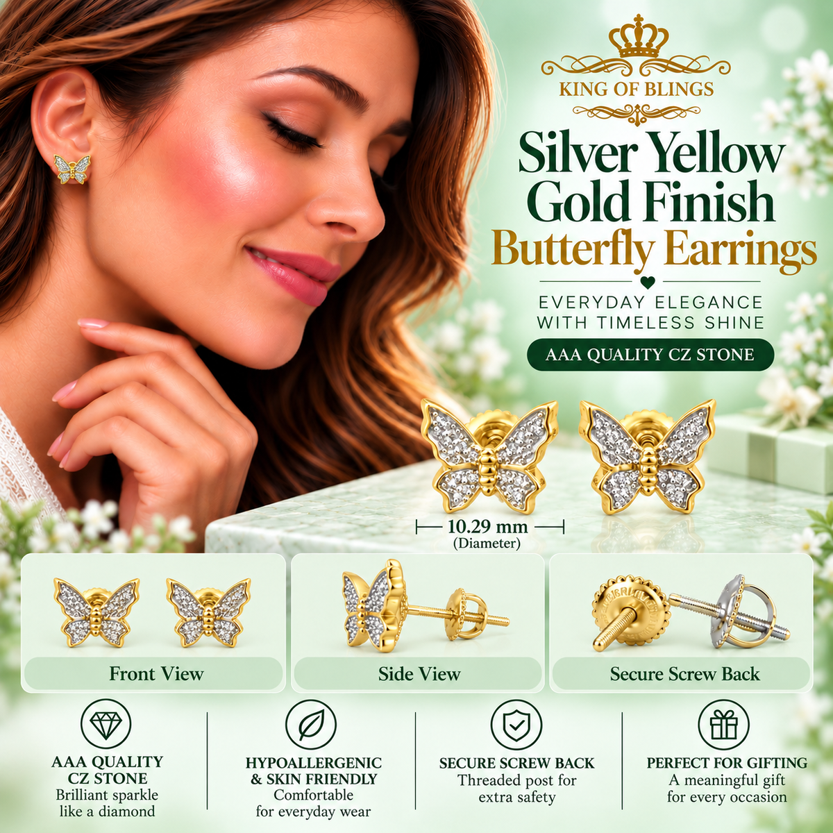 King of Bling's Women's 0.34ct Cubic Zirconia Butterfly Stud Earring Yellow 925 Sterling Silver KING OF BLINGS