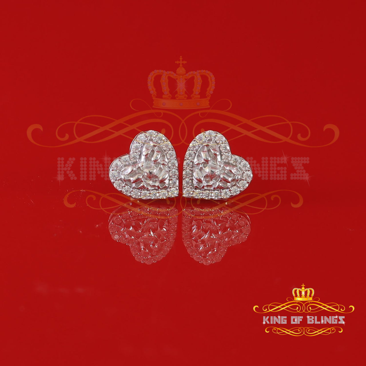 King of Bling's 1.50ct Moissanite White 925 Sterling Silver Women's Heart Shape Nugget Earrings