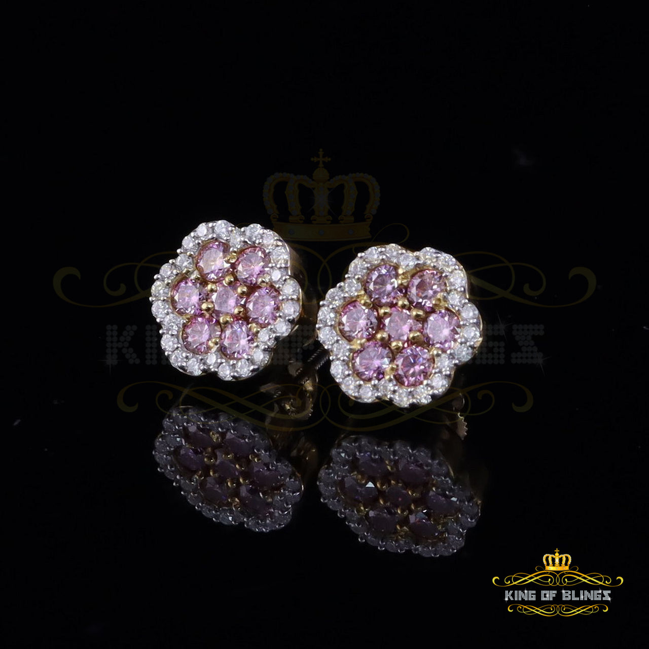 King  of Bling's 925 Silver Yellow 1.50ct VVS D Pink Moissanite Floral Mens/Women's Stud Earrings